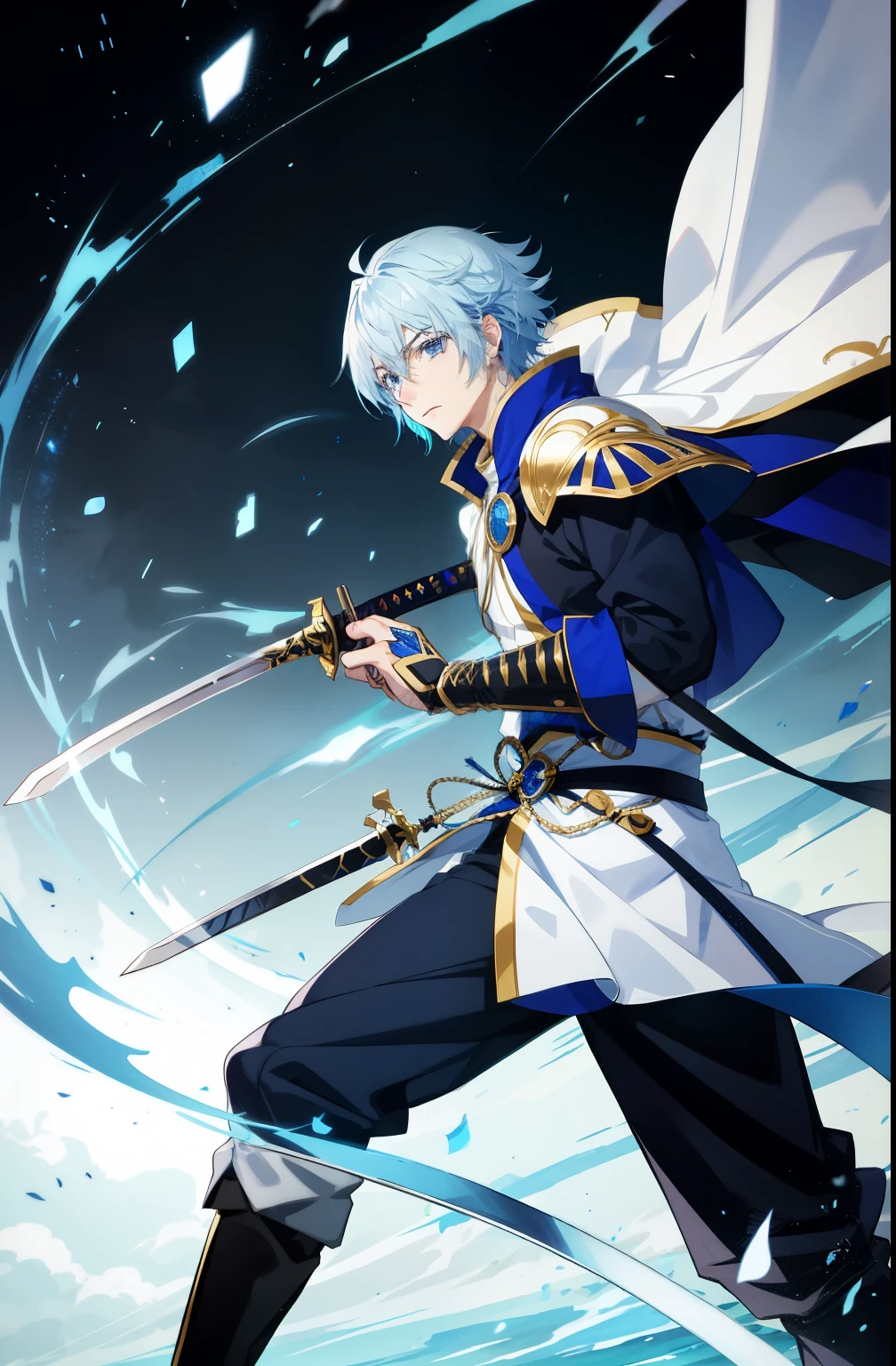 anime men fighting with swords, , fantasy, blue eyes、light blue blonde hair。
