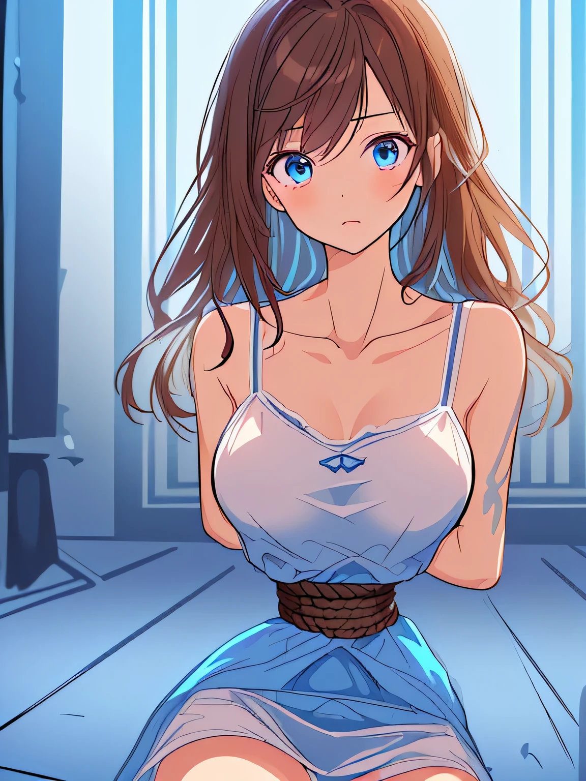 ((masterpiece)), ((highest quality)), (super detailed), torture chamber,(((Waist bound tightly with rope))),pretty girl, 1 girl, alone,sky blue tank top one piece dress,beautiful brown hair, (beautiful blue eyes), long hair, expression of agony