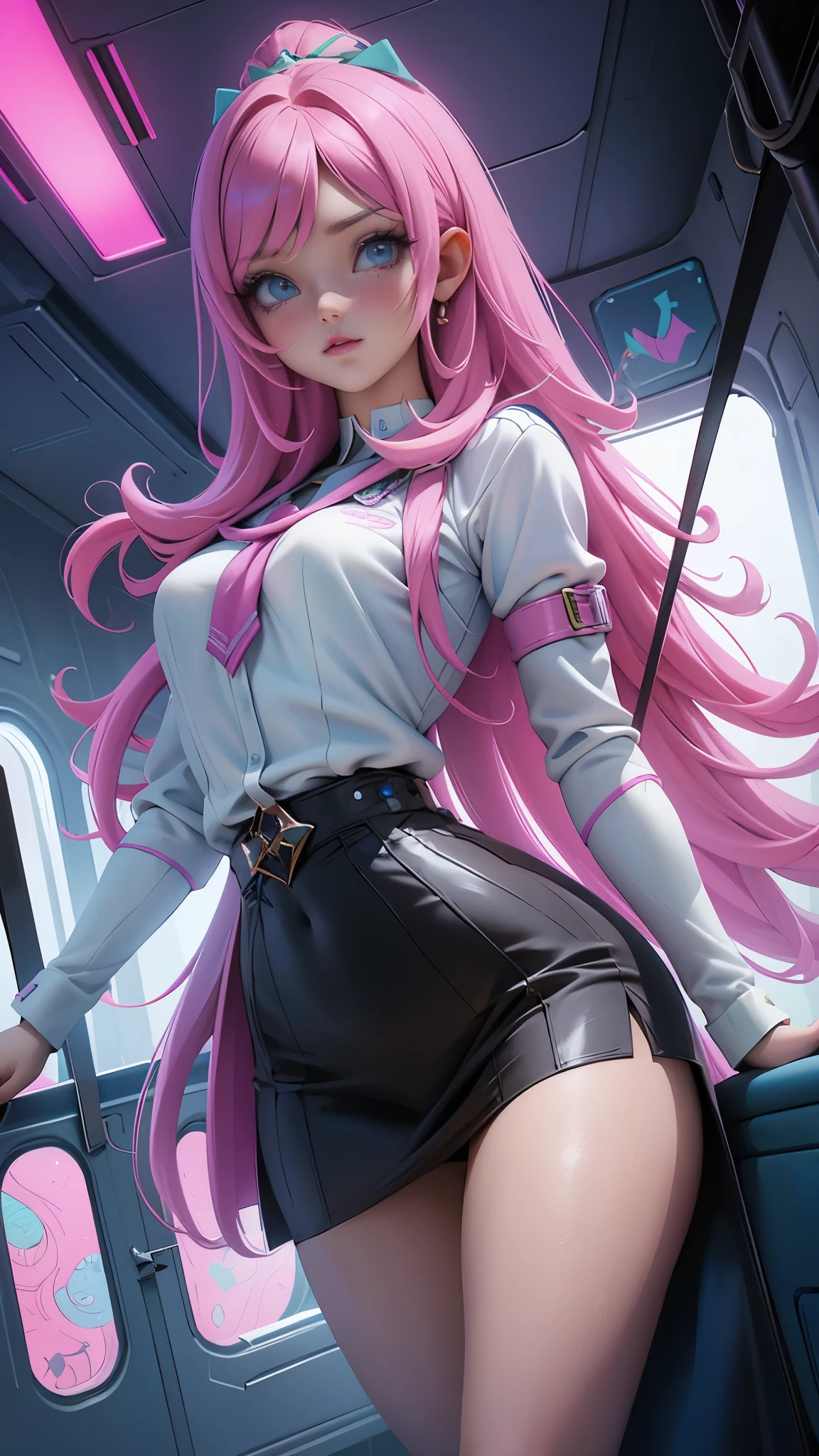 (vista trasera, vista trasera),(Mejor calidad, high resolution, ultra sharp), (beautiful magical girl:1.2).CHARLES G. de pie, vista de cuerpo completo, piernas largas. Unique style, de pie, cuello largo, cabeza grande, cabello exagerado, esponjoso hair, Small pieces, exaggerated expression, surrealista., Detalles, cabello de caballo pink, esponjoso, medias, fondo magico, estilo dibujado a mano,pencil drawing,hermoso, fluid lines, clean and sharp contours, Clean composition, peinado zentangle, Arte deco, zentangle, crujido 3d, cinematographic,,( ciberpunk 2.1), (background inside a plane:1.4), (airplane seats in the aisle :1.4), (dedos detailed:1.4), (mostrando bragas minifalda :1.4), (minifalda colegiala blue :1.4), (tiene mini top color pink), (dedos detailed:1.4), (perfect anatomy) 