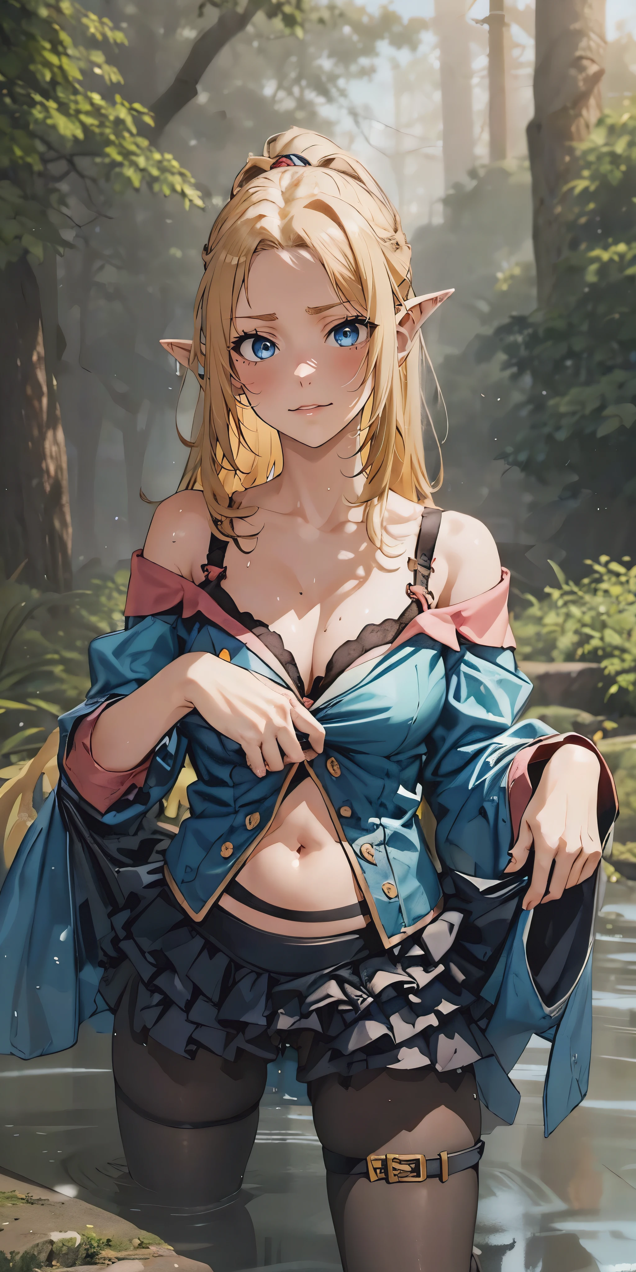 AlphaNDV, 1girl, blonde hair, blue eyes, large breasts, very long hair, elf, pointy ears, anatomically correct, breasts, sweat, solo, boots, leotard, blurry_background, long sleeves, off shoulder, bra, navel, layered skirt, butterfly hair ornament, large_breasts, arms_up, spread_legs, blush, armpits, high_heels, cleavage, bound, dutch_angle, "Photorealistic, Hyperrealistic, Hyperdetailed, analog style, soft lighting, subsurface scattering, realistic, heavy shadow, masterpiece, best quality, ultra realistic, 8k, golden ratio, Intricate, High Detail, film photography, soft focus", sweating, steaming body, fog, (3d, realistic:1.4), sweating, pussy peek
