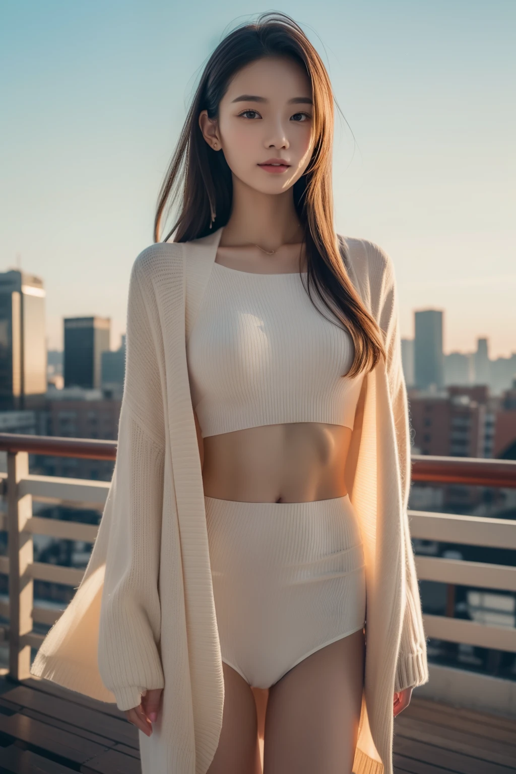 (Transcendent beauty:1.2), modeled, 25-years old, kawaii faces, The best smile, Gravure photos for fashion magazines, masterpiece, top-quality, winning artwork, ((hight resolution)), ((the Extremely Detailed CG Unity 8K Wallpapers)), Great skin, (Random Hair Styles), Perfect body line, Slender body, Clothes of prestigious brands, Autumn outfit, Classy and fashionable atmosphere, captivating and enticing, Sexy Girl, Stand against the backdrop of the city skyline, Autumn glow