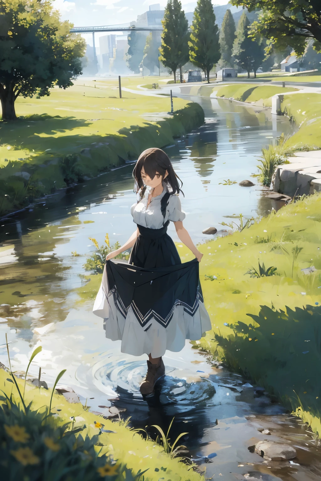 Beautiful woman mowing grass by the river