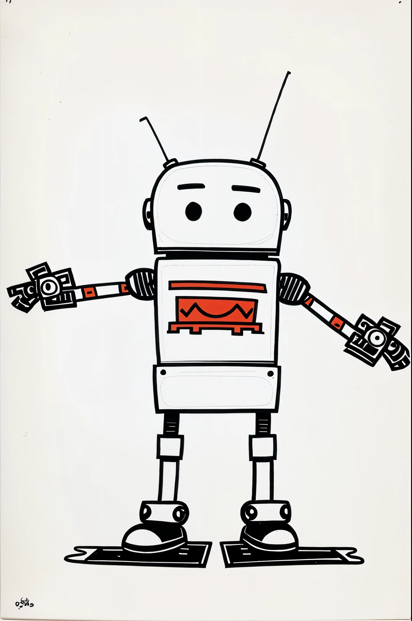 cute cartoon robot , full body, white background, doodle in the style of Keith Haring, sharpie illustration, bold lines and solid colors, simple details, minimalist
