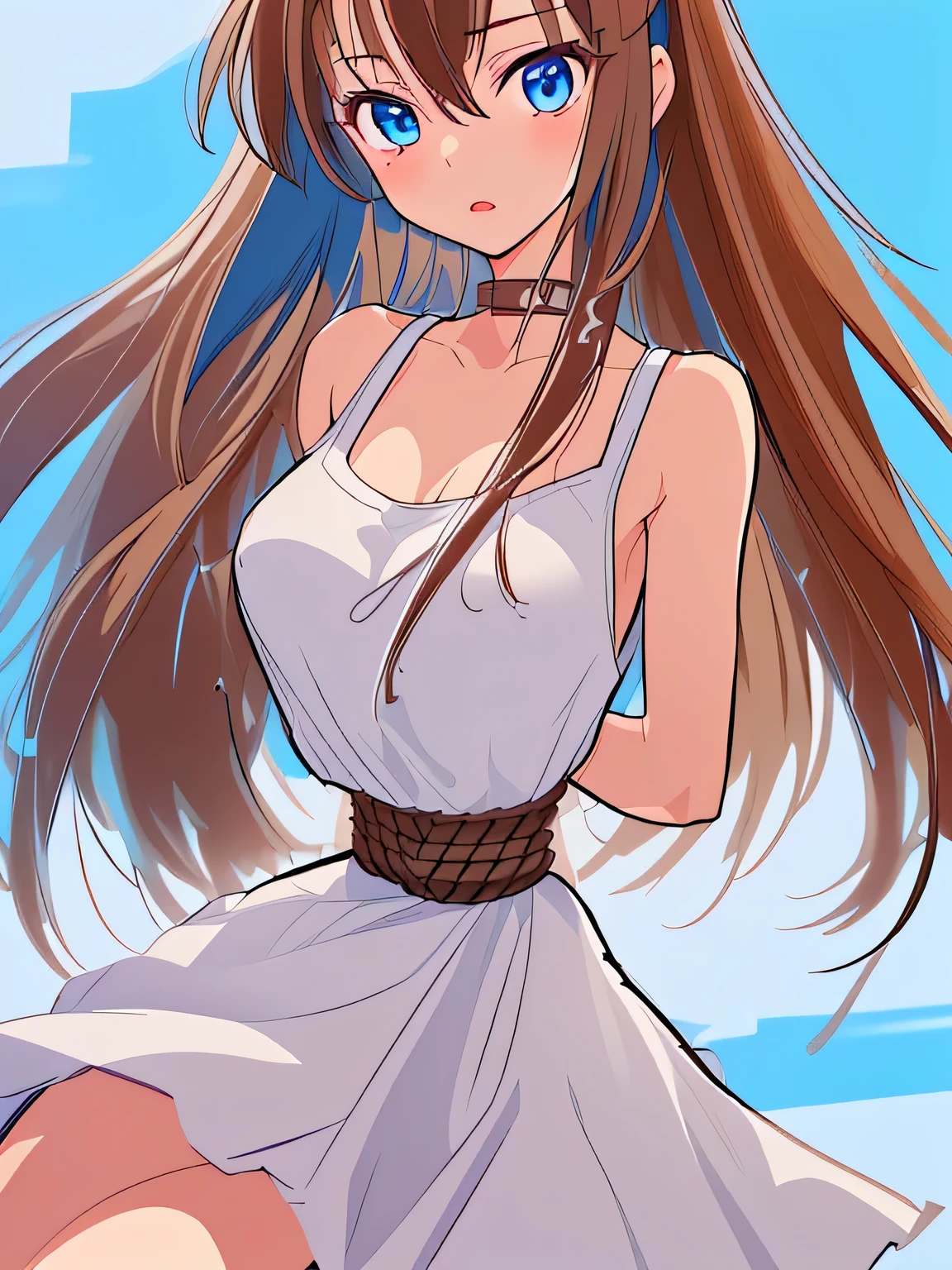 ((masterpiece)), ((highest quality)), (super detailed), torture chamber,(((Waist bound tightly with rope))),pretty girl, 1 girl, alone,white tank top one piece dress,beautiful brown hair, (beautiful blue eyes), long hair, expression of agony