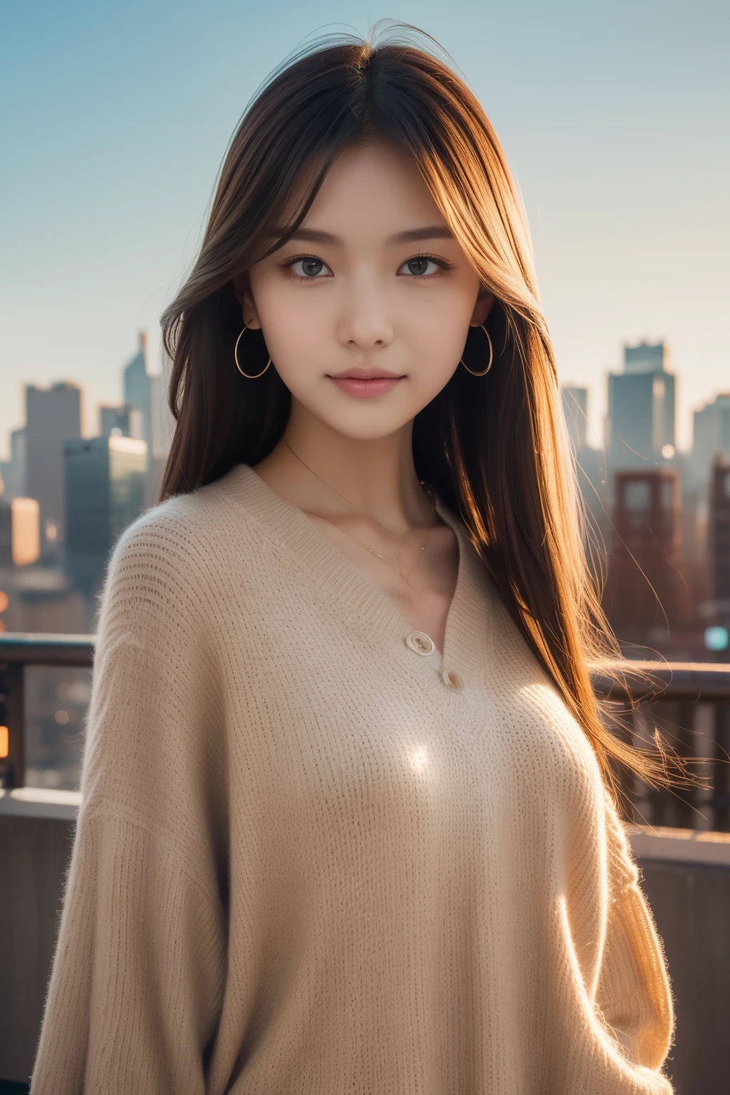 (Transcendent beauty:1.2), modeled, 25-years old, kawaii faces, The best smile, Gravure photos for fashion magazines, ​masterpiece, top-quality, winning artwork, ((hight resolution)), ((the Extremely Detailed CG Unity 8K Wallpapers)), Great skin, (Random Hair Styles), Perfect body line, Slender body, Clothes of prestigious brands, Autumn outfit, Classy and fashionable atmosphere, captivating and enticing, Sexy Girl, Stand against the backdrop of the city skyline, Autumn glow