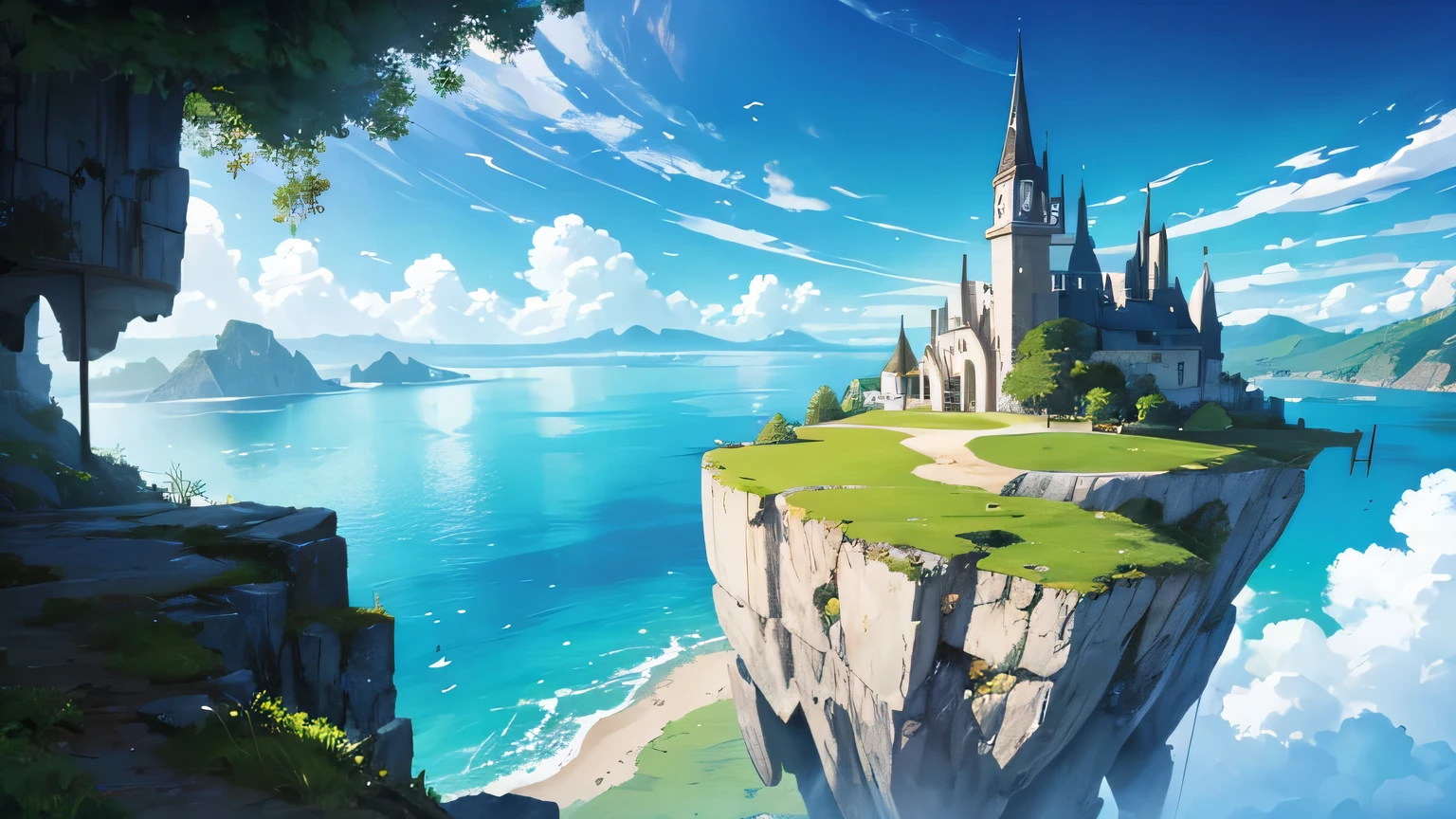 grass ground, blue skies, day time, far away, wide angle, cliff, flat ground, floating islands in the skies, open seas, magical dark tower in the middle of an island
