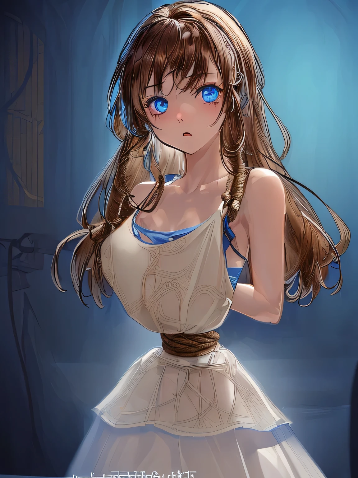 ((masterpiece)), ((best quality)), (ultra-detailed), NSFW, ,((torture room)),((torture)),(((rope strongly bound waist))),a cute girl, 1girl, solo, (white mini tanktop onepiece dress),((both wrists tied above the head)), ((tied to an torture chair)),(((bdsm))),((thin waist)),beautiful pinkbrown hair, beautiful blue eyes, (beautiful eyes), long hair,troubled expression