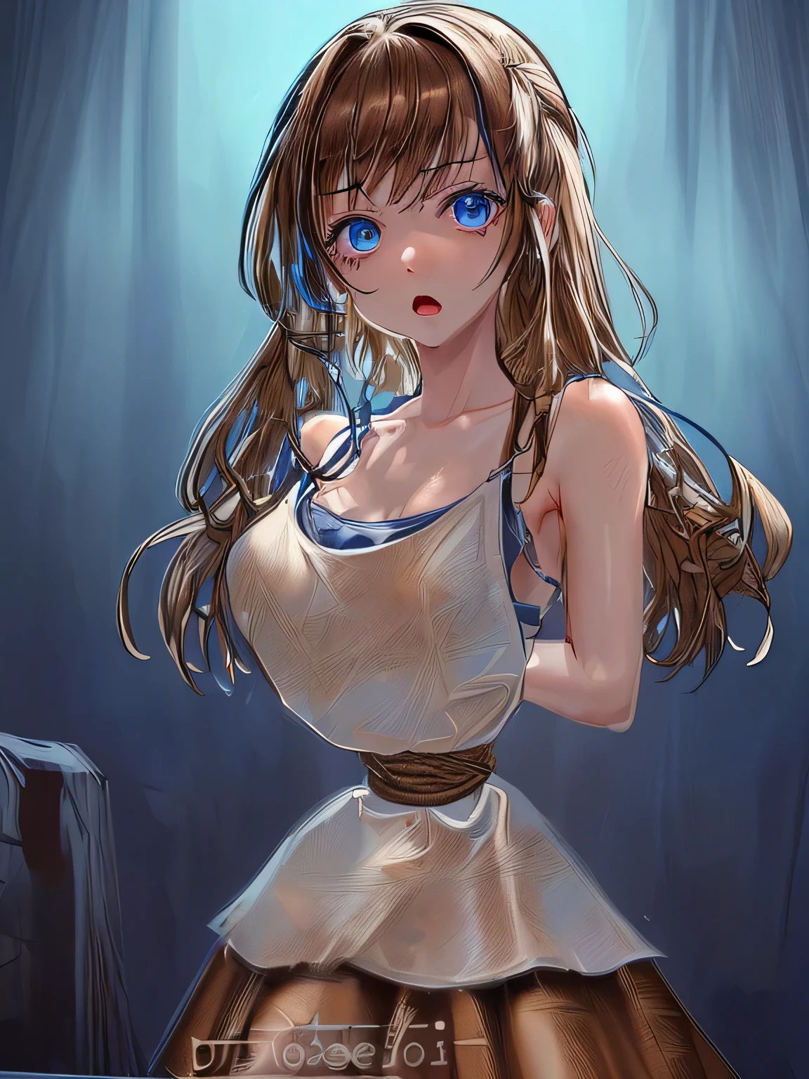 ((masterpiece)), ((highest quality)), (super detailed), torture chamber,(((Waist bound tightly with rope))),pretty girl, 1 girl, alone,white tank top,skirt,beautiful brown hair, (beautiful blue eyes), long hair, expression of agony
