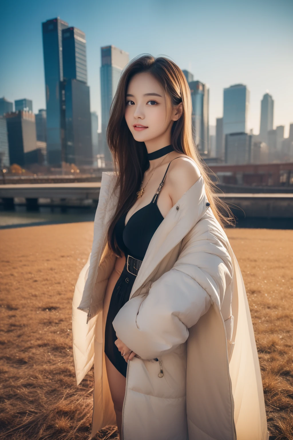(Transcendent beauty:1.2), modeled, 25-years old, kawaii faces, The best smile, Gravure photos for fashion magazines, masterpiece, top-quality, winning artwork, ((hight resolution)), ((the Extremely Detailed CG Unity 8K Wallpapers)), Great skin, (Random Hair Styles), Perfect body line, Slender body, Clothes of prestigious brands, Autumn outfit, Classy and fashionable atmosphere, captivating and enticing, Sexy Girl, Stand against the backdrop of the city skyline, Autumn glow