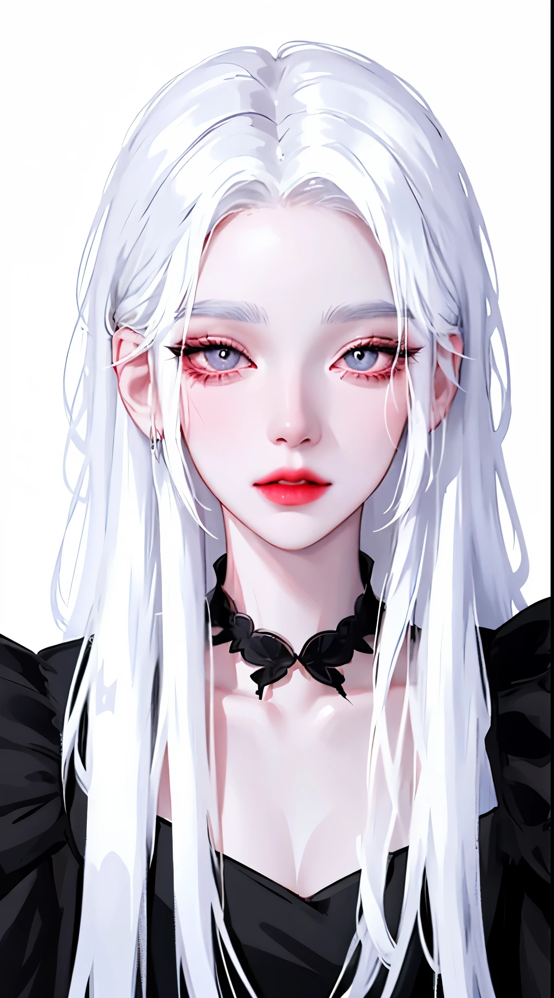 beautiful girl wearing a black dress, portrait, white background, aegyo sal, gradient lips, glass skin, rosy cheek and lips, big eyes, solo, manhwa style, pale skin, white hair, white eyes, 8k, detailed