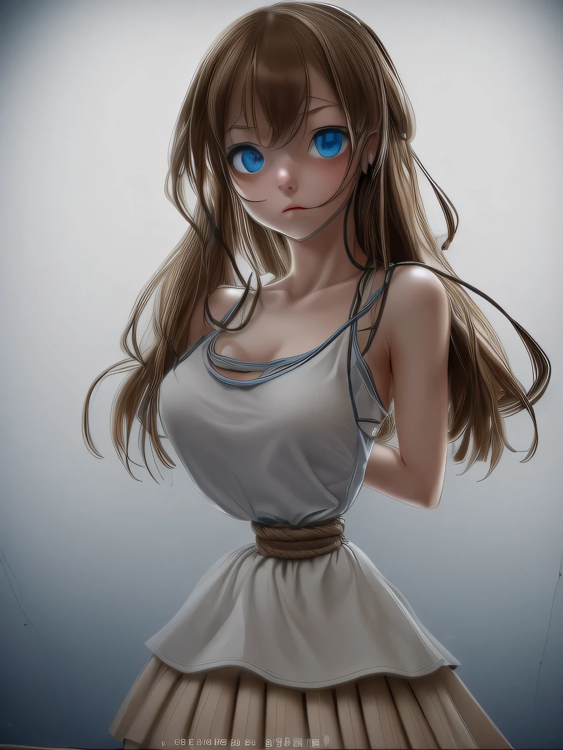 ((masterpiece)), ((highest quality)), (super detailed), torture chamber,(((Waist bound tightly with rope))),pretty girl, 1 girl, alone,white tank top,skirt,beautiful brown hair, (beautiful blue eyes), long hair, expression of agony