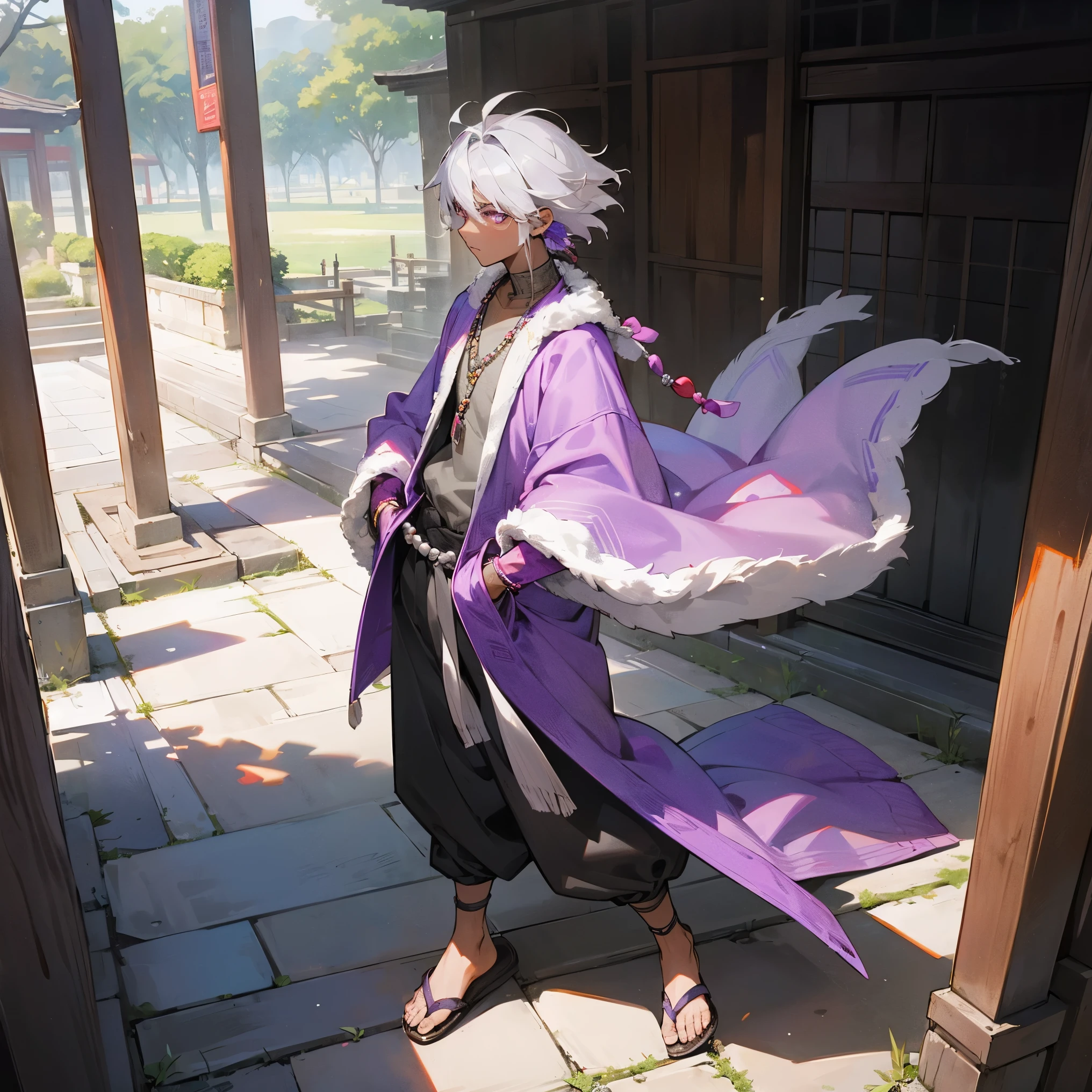 1male, young teen, medium pale messy grey hair, finely detailed lavender purple eyes, walking down path, dark skin, bandolier across chest, loose long sleeve shirt, coral fur poncho, loose baggy pants, prayer bead belt, modern clothing, posing with hands in pockets, walking down path, shrine gate