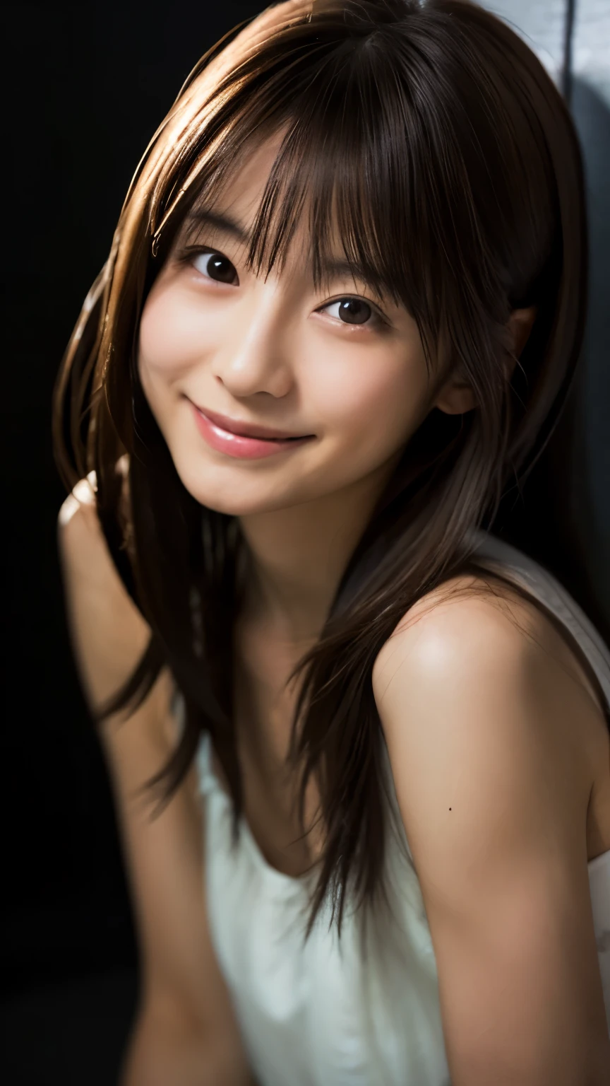 Japanese, dark brown hair, sullen smile, dark room, 30 years old, female