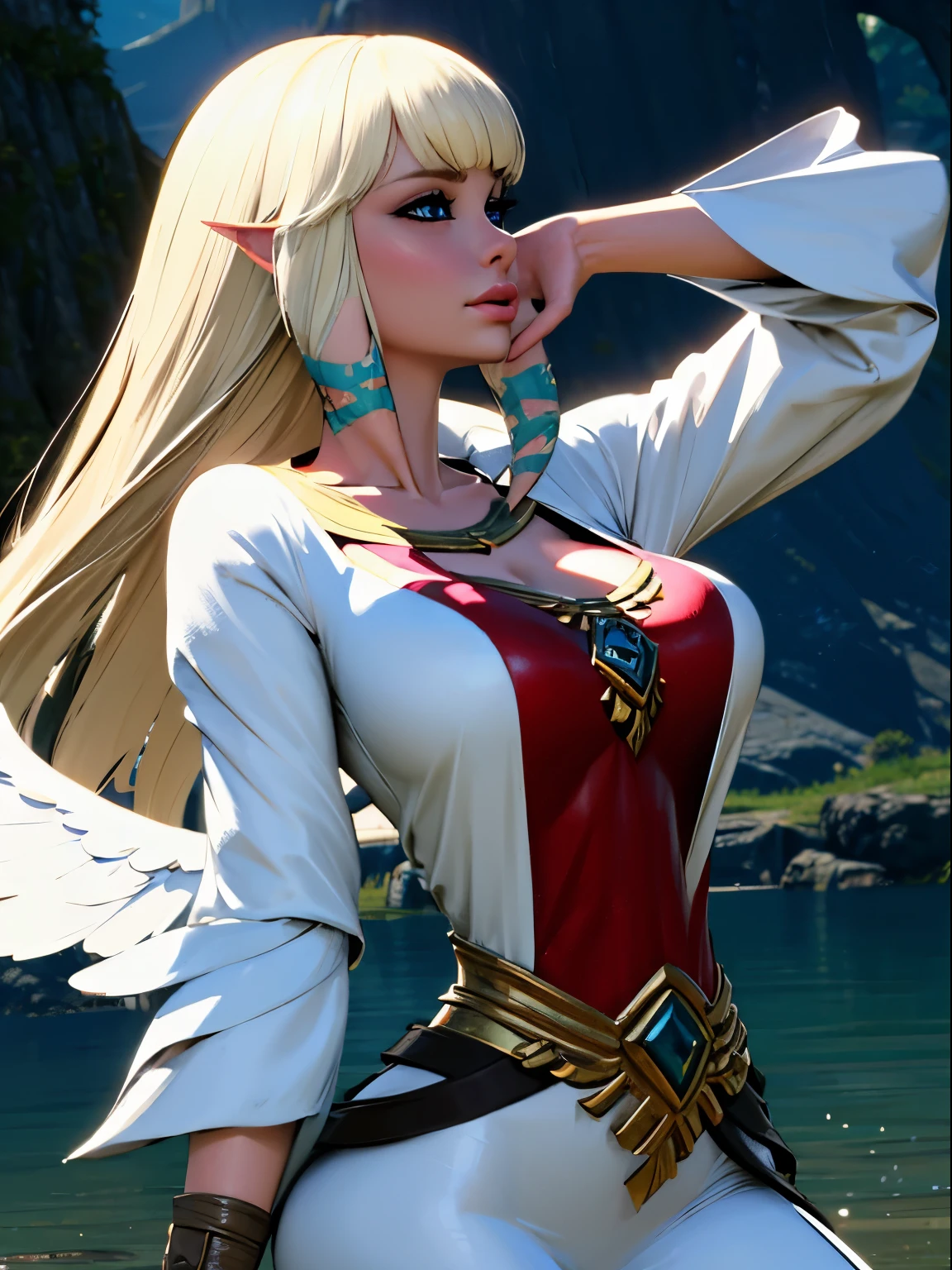 meticuloso、Wonderful、Perfect CG unity 8k wallpaper，gigantic breasts, High-quality depiction、zelda aesthetic, The colors are pure and elegant，Exceptionally beautiful，Royal Sister，delicated、Dynamic Angle，moisty、Water droplets, Water mist、rays of moonlight、pink and white, blue color eyes，（Surrounded by colorful lights），Highlight yellow hair、Fair-skinned angel goddess Senyuki，Empty palace，eventide，Delicate facial features，full bodyesbian