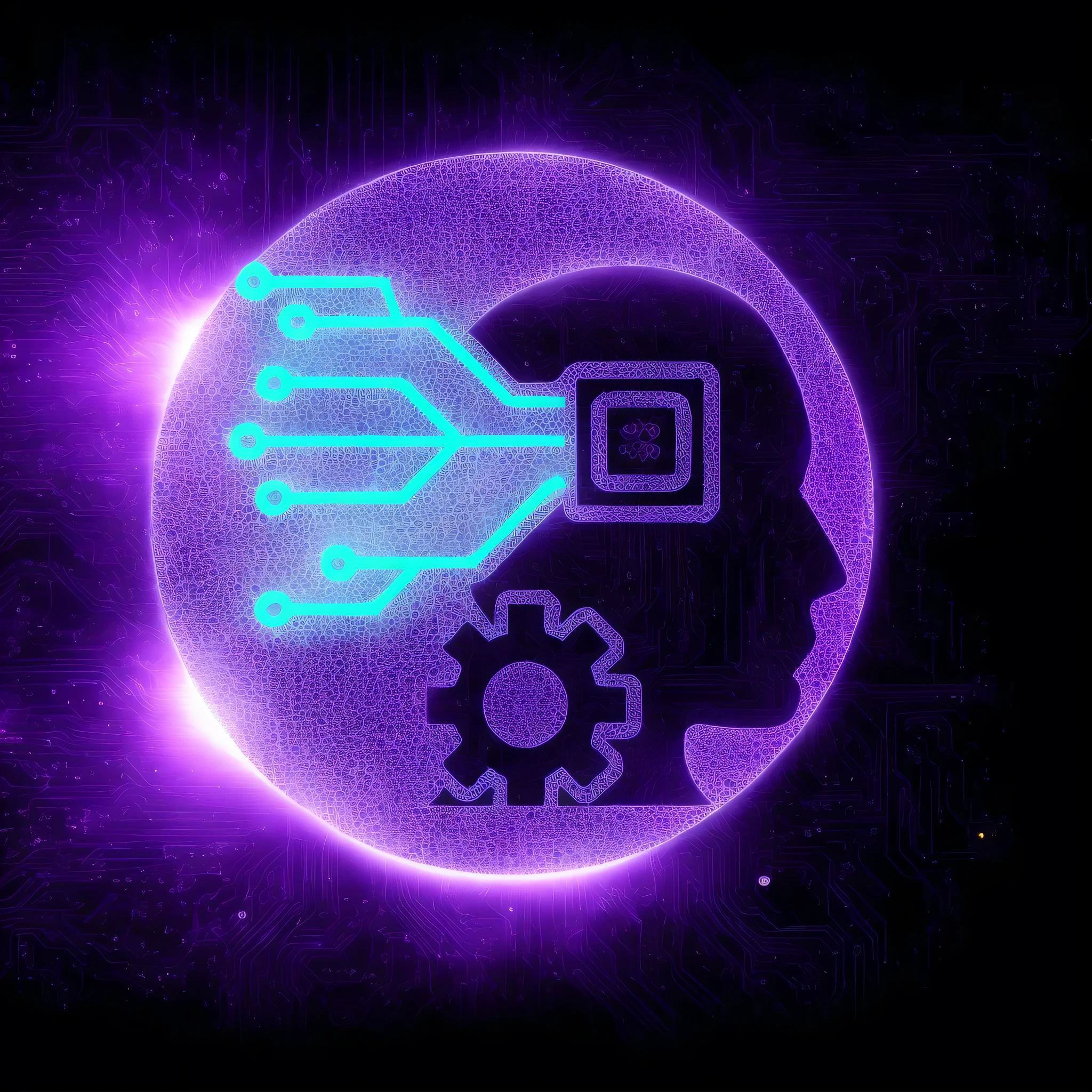 DARK PURPLE There is a photo of a person with a head and a circuit on it, Icon for an AI application, artificial intelligence logo, com tema ai, artificial intelligence, neuromorphic chip, infinite collaboration with AI, COR ROXA, strong artificial intelligence, Retrato de uma IA, visible circuit in the head, technological, a CPU with a human brain, Tecnologia, machine learning, artificial intelligence machine