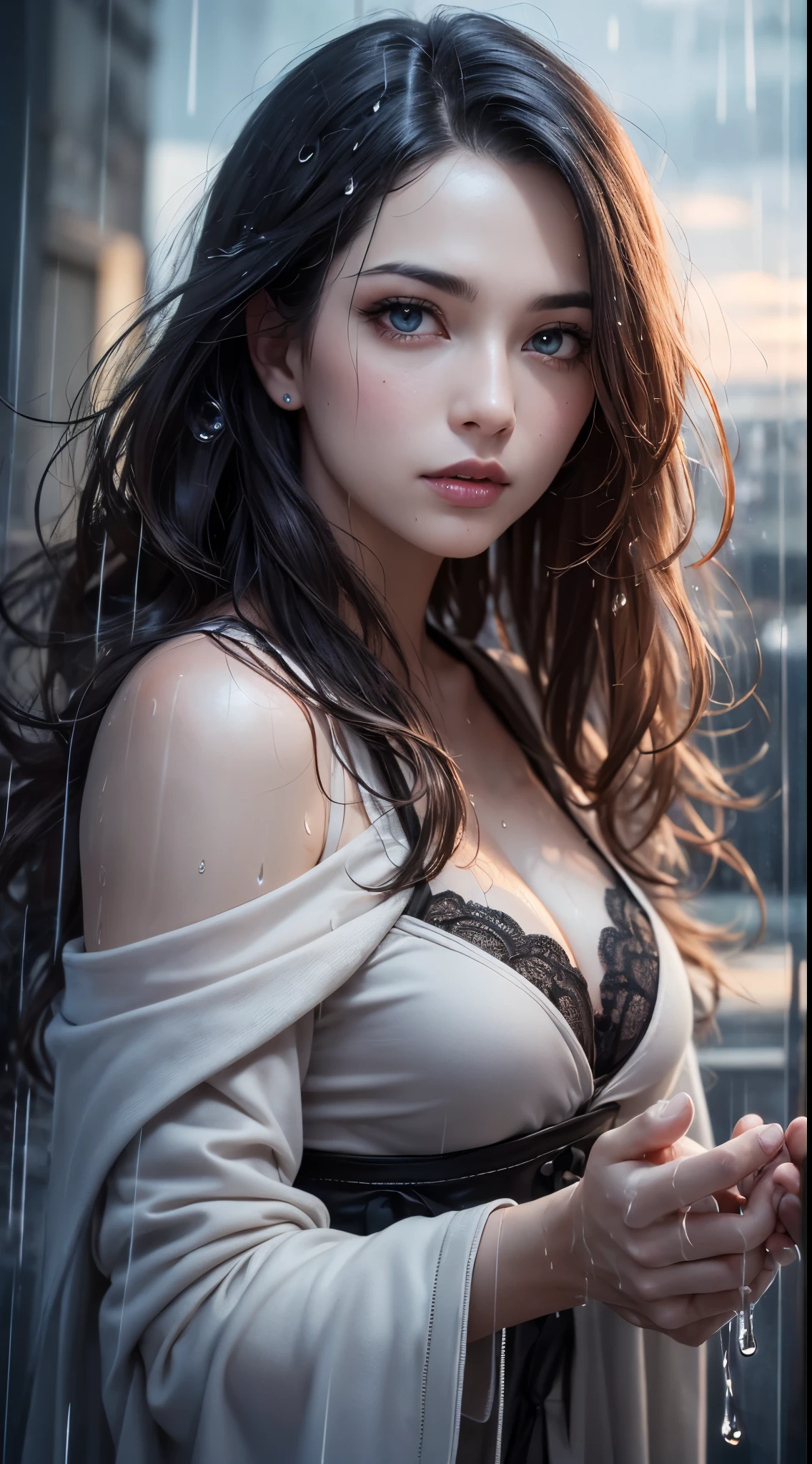 (skin dents:1.5), realistic, realistic, (table top:1.5), concept art, intricate details, very detailed, realistic, octane rendering, 8k, unreal engine, dynamic pose, highest quality, High resolution, (realistic face:1.1), (超realistic:1.1), ((full_body)), perfect eyes,(shiny skin:1.2), (((hairstyle))), (((完璧な手のvery detailed背景), haunted island, ((dynamic background)), ((lightning)), (light), (1 girl), wearing a cloak, (((flowing cloak))), ((fine eyes, high quality eyes, high quality face)), long hair, (((flowing hairstyle))), 1 girl ((Control the water)), (((whirlwind of water))), Ocean, tsunami, magic, (create a dramatic, Depth of the bounds written, Bokeh, 4k, gothic, ((rain)), energy ball between hands