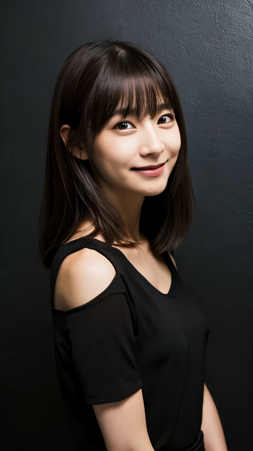 Japanese, dark brown hair, sullen smile, dark room, 30 years old, female
