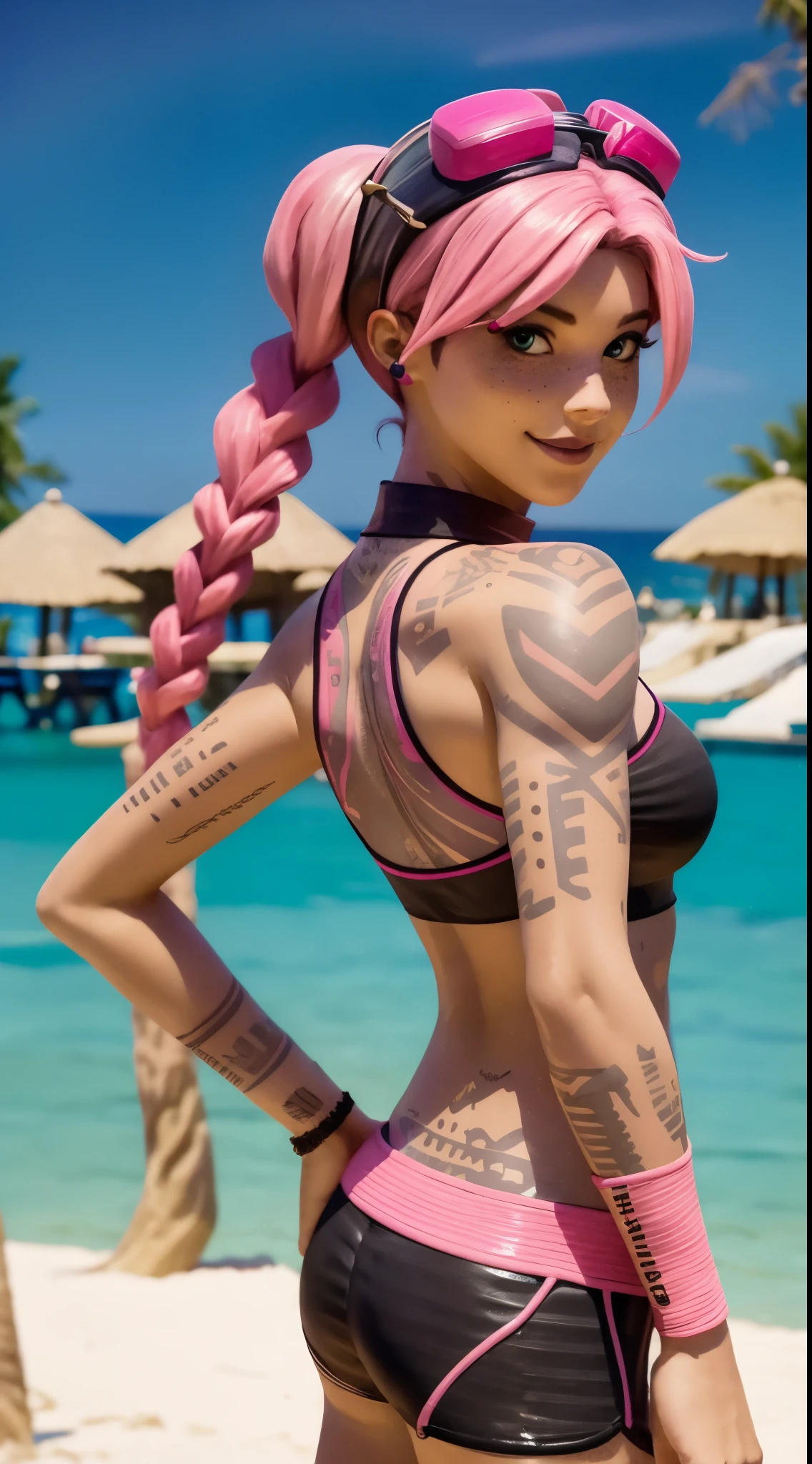 A single young hopeful woman with vibrant pink hair, striking a graceful and feminine pose, is on a tropical island, solo, happy, with a light smile. She has pink hair with pigtails, she wears pink goggles on her head. There is only one person. She has a few freckles on her cheeks and has tattoos on her arms, , large chested, peached shaped ass. She is wearing a black sports bra woth pink stripes along with black swim shorts. The scene is set on a private beach, shot from behind