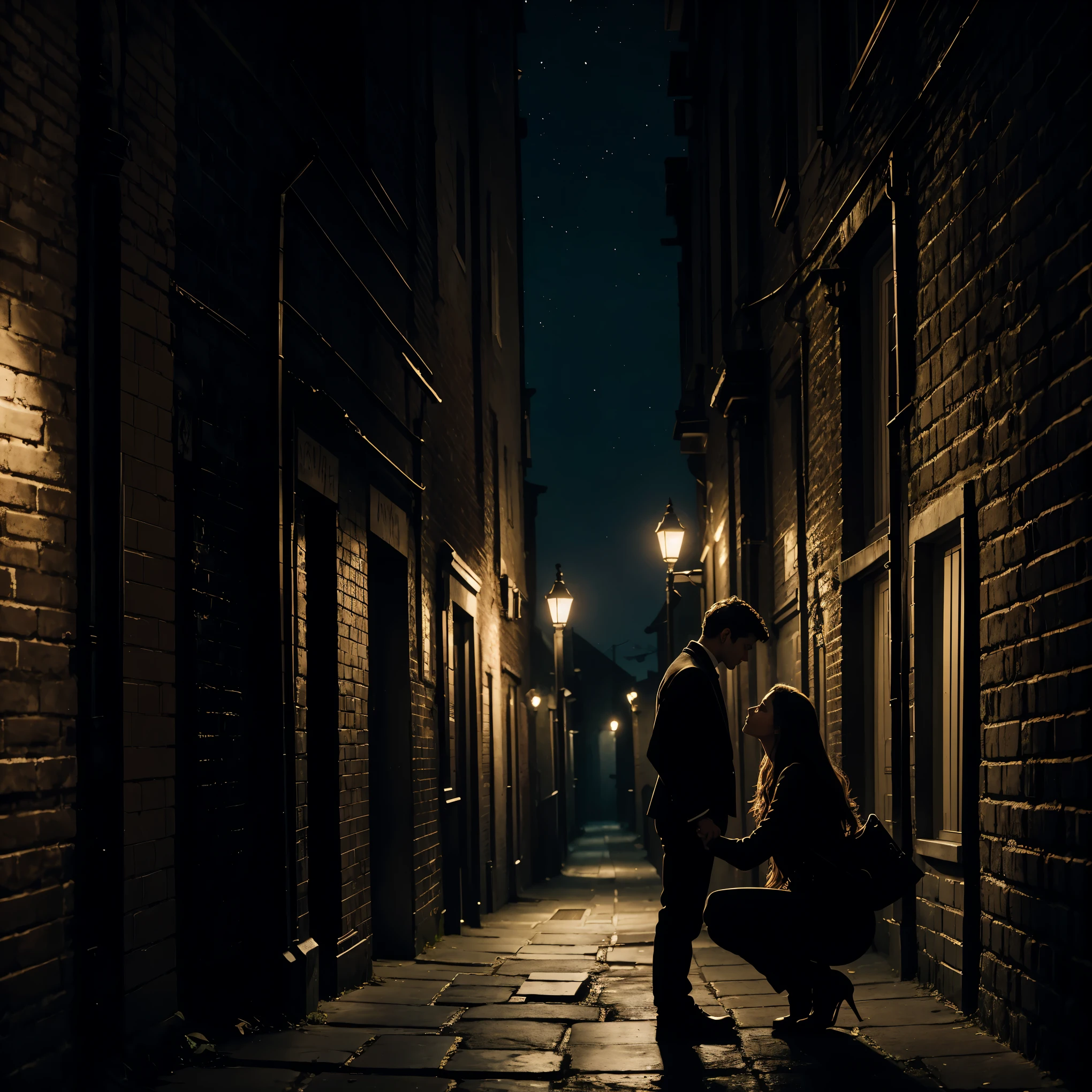 A dark and alluring alleyway, bathed in the soft glow of the moonlight, stretches out into the night. In the distance, a lone street lamp casts a feeble light, illuminating the figures of two people huddled in the shadows. The man stands tall and imposing, his head tilted back slightly as he gazes up at the night sky, lost in thought or deep contemplation. At his feet, the ((woman squats)), her dark eyes fixed on him, her expression a mysterious blend of curiosity and longing. The alleyway around them is a maze of old bricks and shadowed corners, the stillness of the night broken only by the distant hoot,
