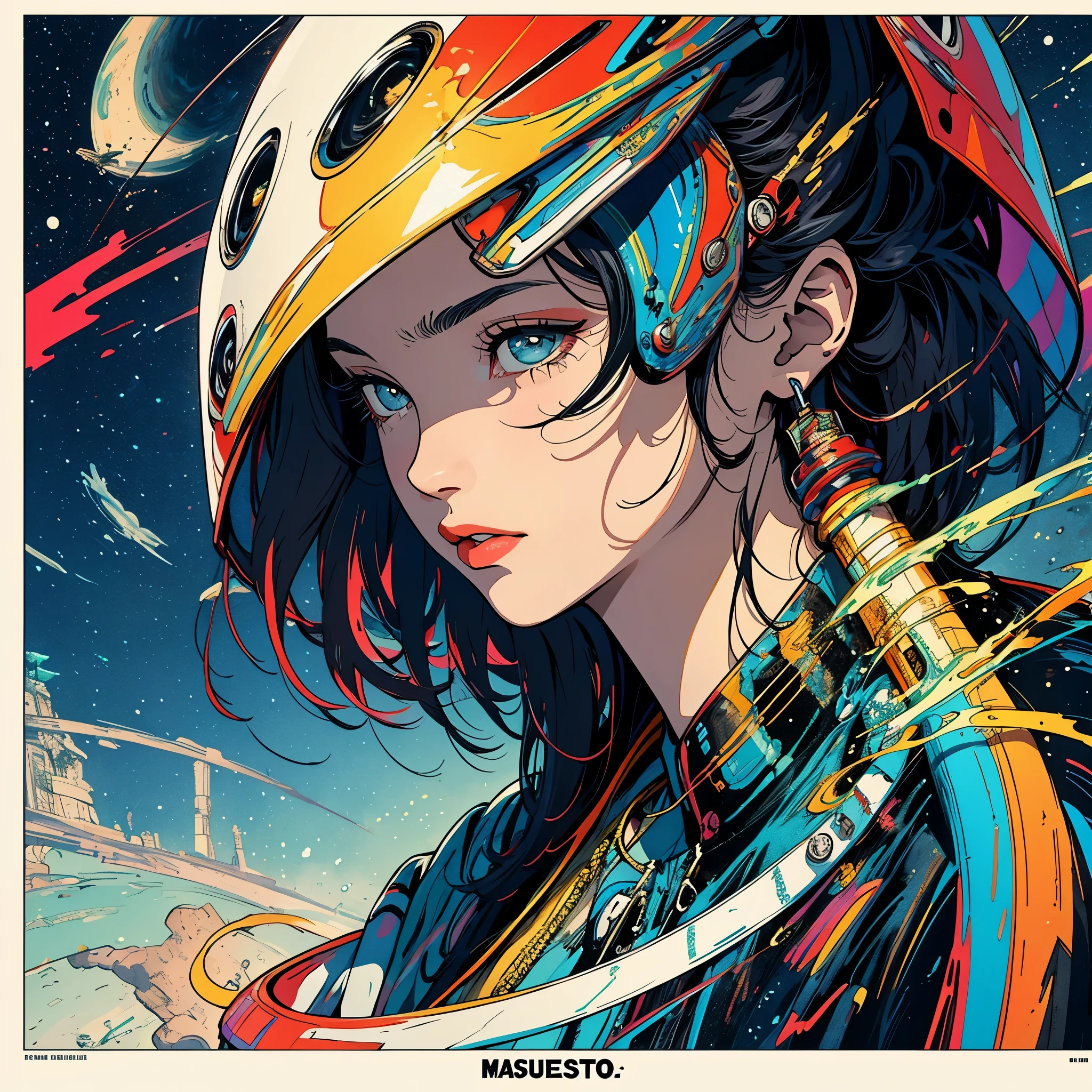 (masterpiece, highest quality), 32k,(A very detailed beautiful woman), poster,science fiction,1960s,1970s,bauhaus, shape, OK, abstract, propaganda,movie poster, vintage,retro,futuristic,anime,ultimate map,Perfect rainbow,highlight,angle from belowgolden hair,