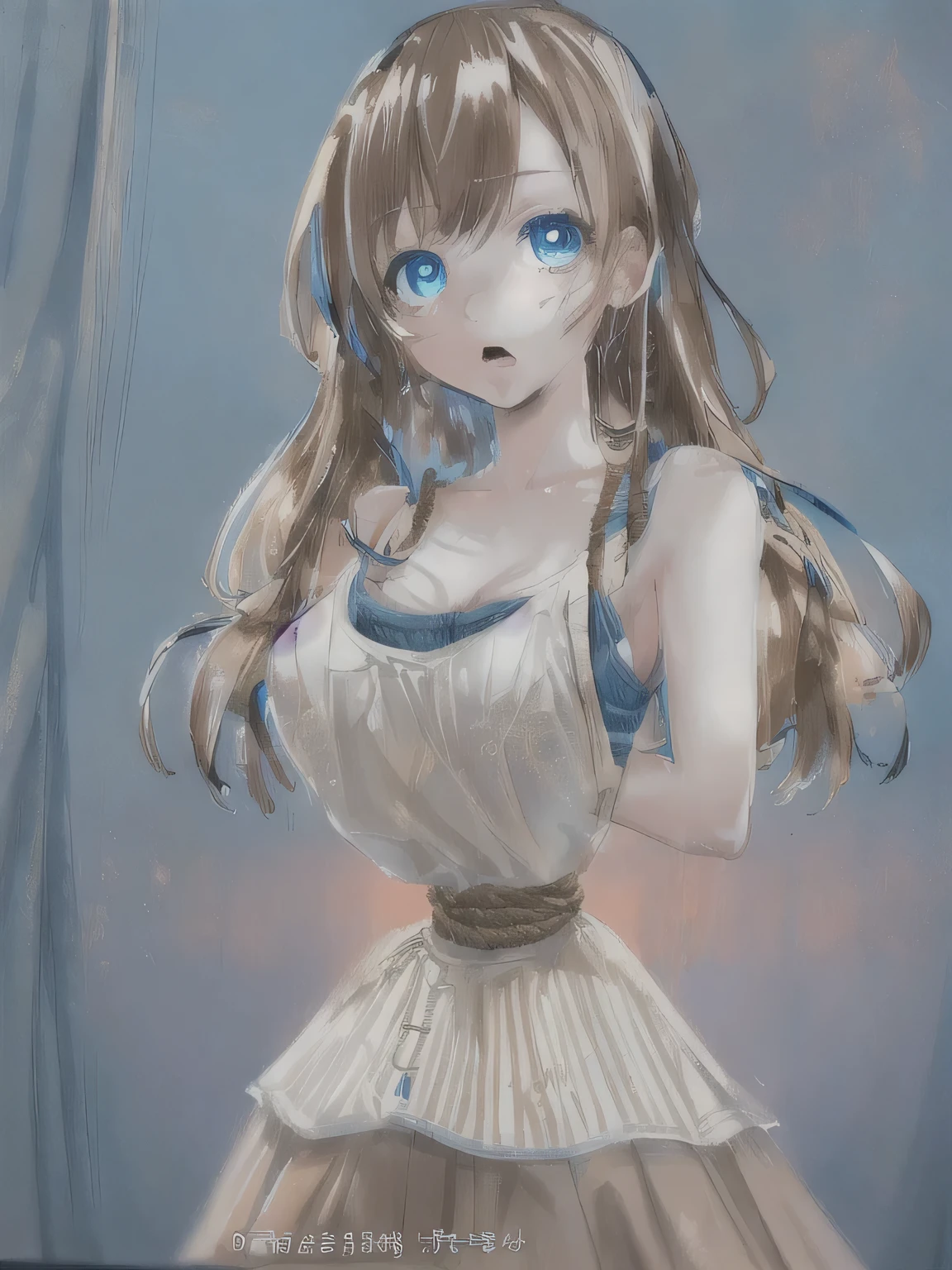 ((masterpiece)), ((highest quality)), (super detailed), torture chamber,(((Waist bound tightly with rope))),pretty girl, 1 girl, alone,white tank top one piece dress,beautiful brown hair, (beautiful blue eyes), long hair, expression of agony