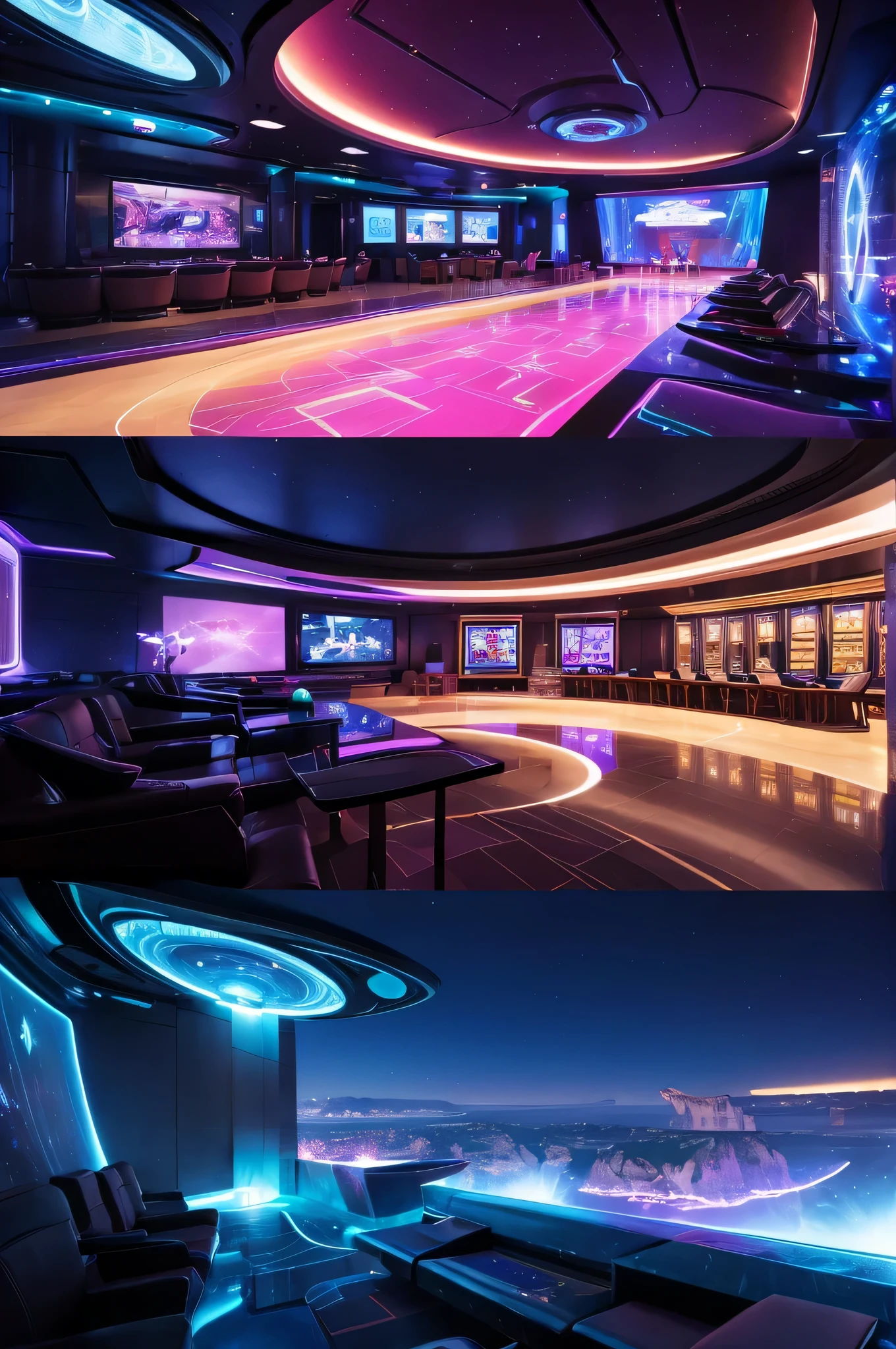 outdoor visually stunning and detailed concept art of a futuristic nightclub perched on the edge of a cliff on a different planet with a Mediterranean climate and pink sunset. Show the unique architectural design of the nightclub, blending sleek futuristic elements with the natural surroundings of the cliff. Use vibrant colors and lighting to highlight the luxurious atmosphere and lively ambiance of the nightclub. Incorporate futuristic technology, such as holographic displays and advanced entertainment systems, to enhance the futuristic theme. Depict the vastness of space by showcasing a massive spaceship floating in the background, surrounded by stars and celestial objects. Pay attention to intricate details, such as the interior design of the nightclub, the landscape of the cliff, and the diverse alien species enjoying the casino's offerings. Overall, create an immersive and captivating concept art that transports viewers to a futuristic and exotic casino setting.
