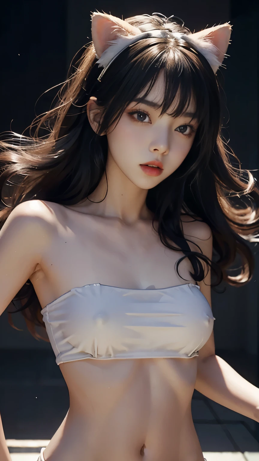 Standing, hair bang, cat ears headband, skin pores, shining skin, tube top, abs stomach, weiss, in stage, lovely, beautiful, chest shoot focus, dark theme, K-pop style