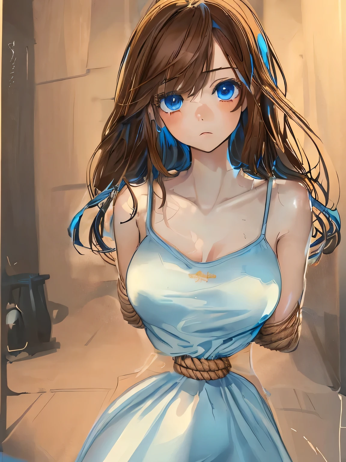 ((masterpiece)), ((highest quality)), (super detailed), torture chamber,(((Waist bound tightly with rope))),pretty girl, 1 girl, alone,sky blue tank top one piece dress,beautiful brown hair, (beautiful blue eyes), long hair, expression of agony