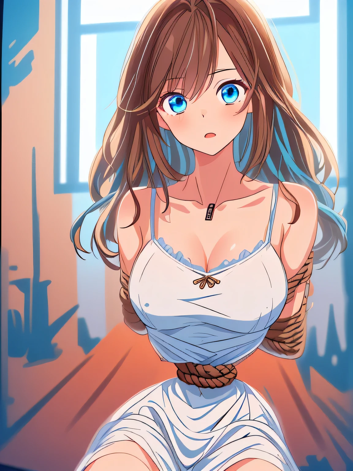 ((masterpiece)), ((highest quality)), (super detailed), torture chamber,(((Waist bound tightly with rope))),pretty girl, 1 girl, alone,sky blue tank top one piece dress,beautiful brown hair, (beautiful blue eyes), long hair, expression of agony