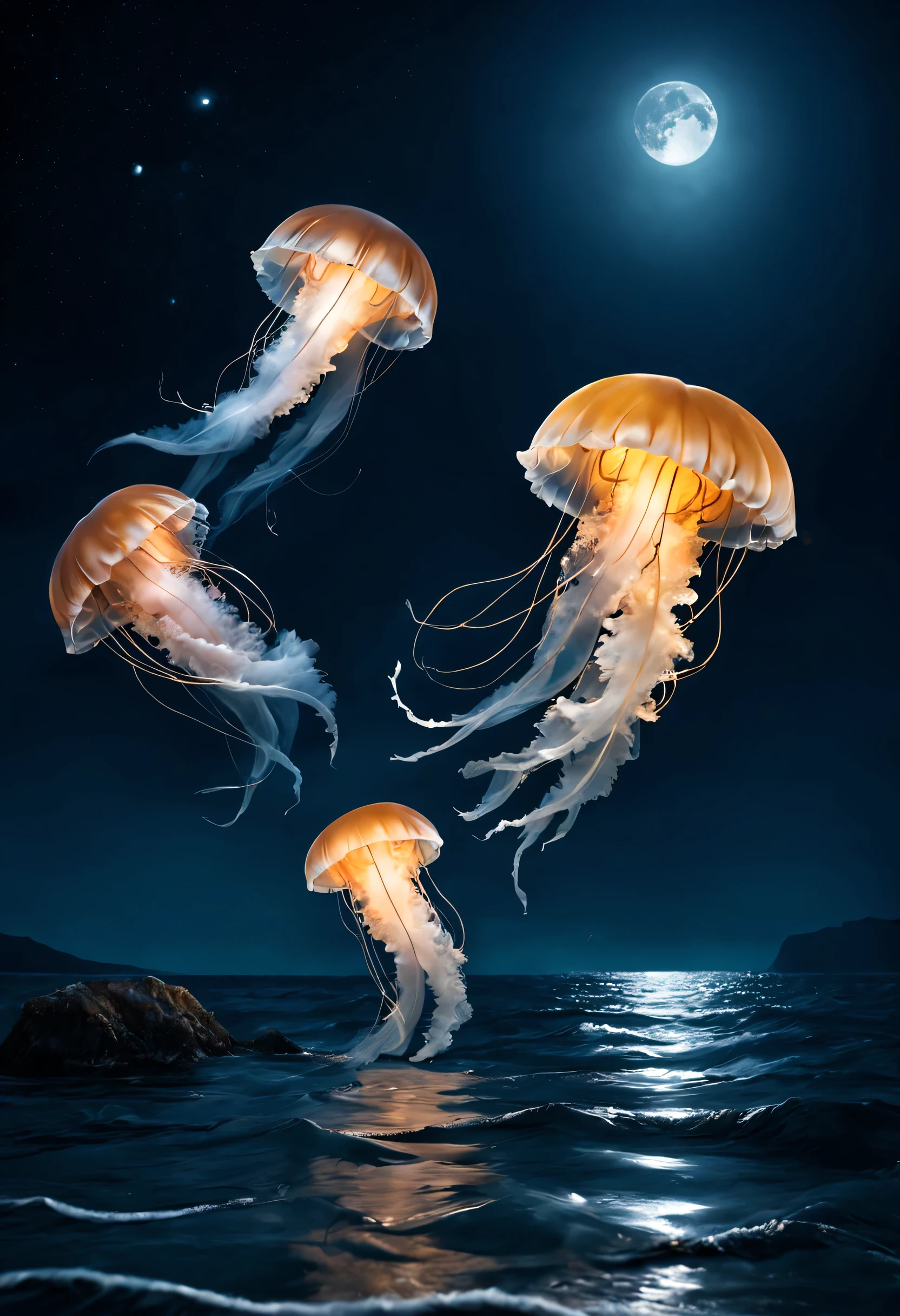 Jellyfish jumping out of the moonlit sea, jump up and down, Bouncing,