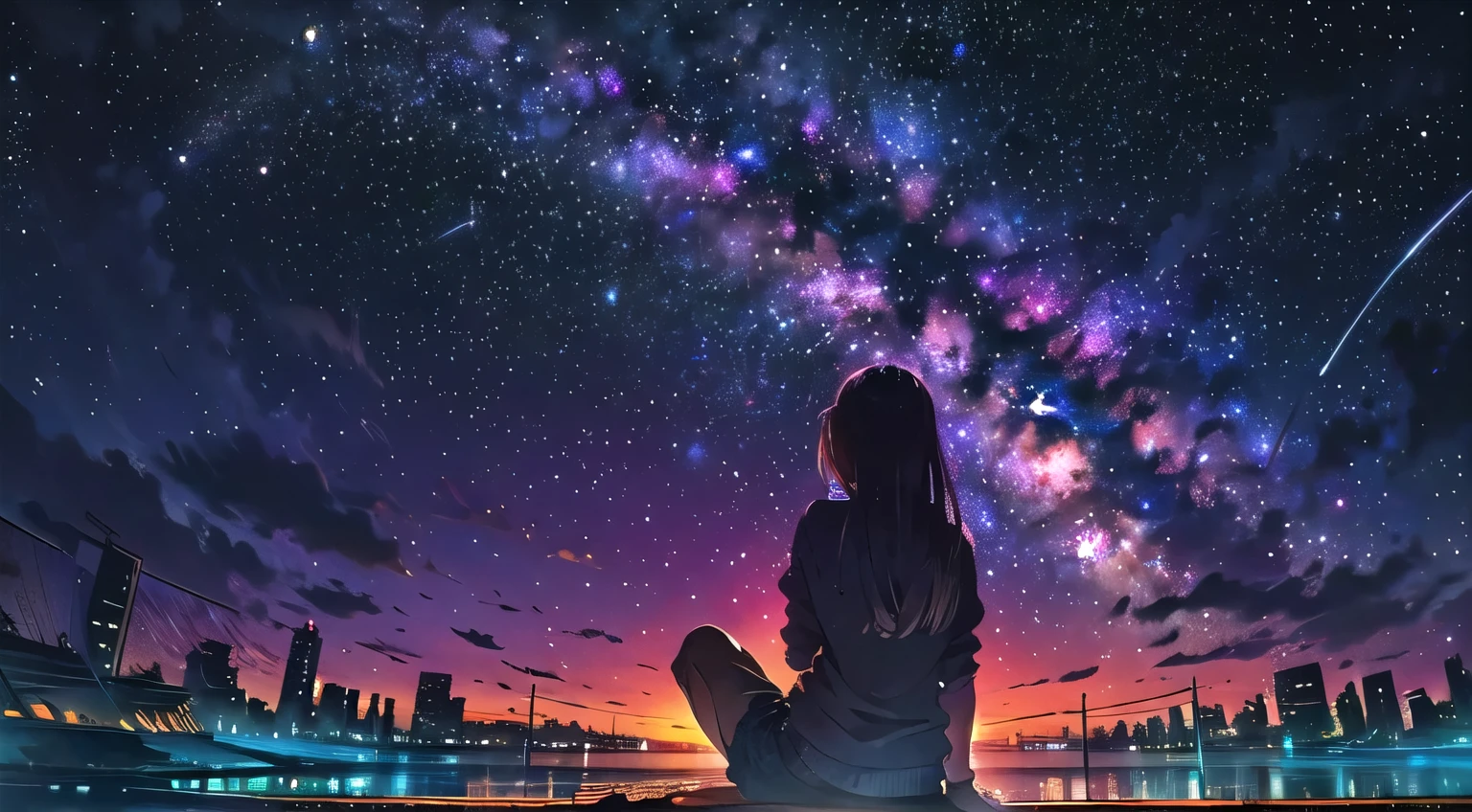 octane, null, star (null), scenery, starry null, night, 1 girl, night null, alone, outdoors, building, cloud, milky way, sitting, wood, long hair, city, silhouette, cityscape