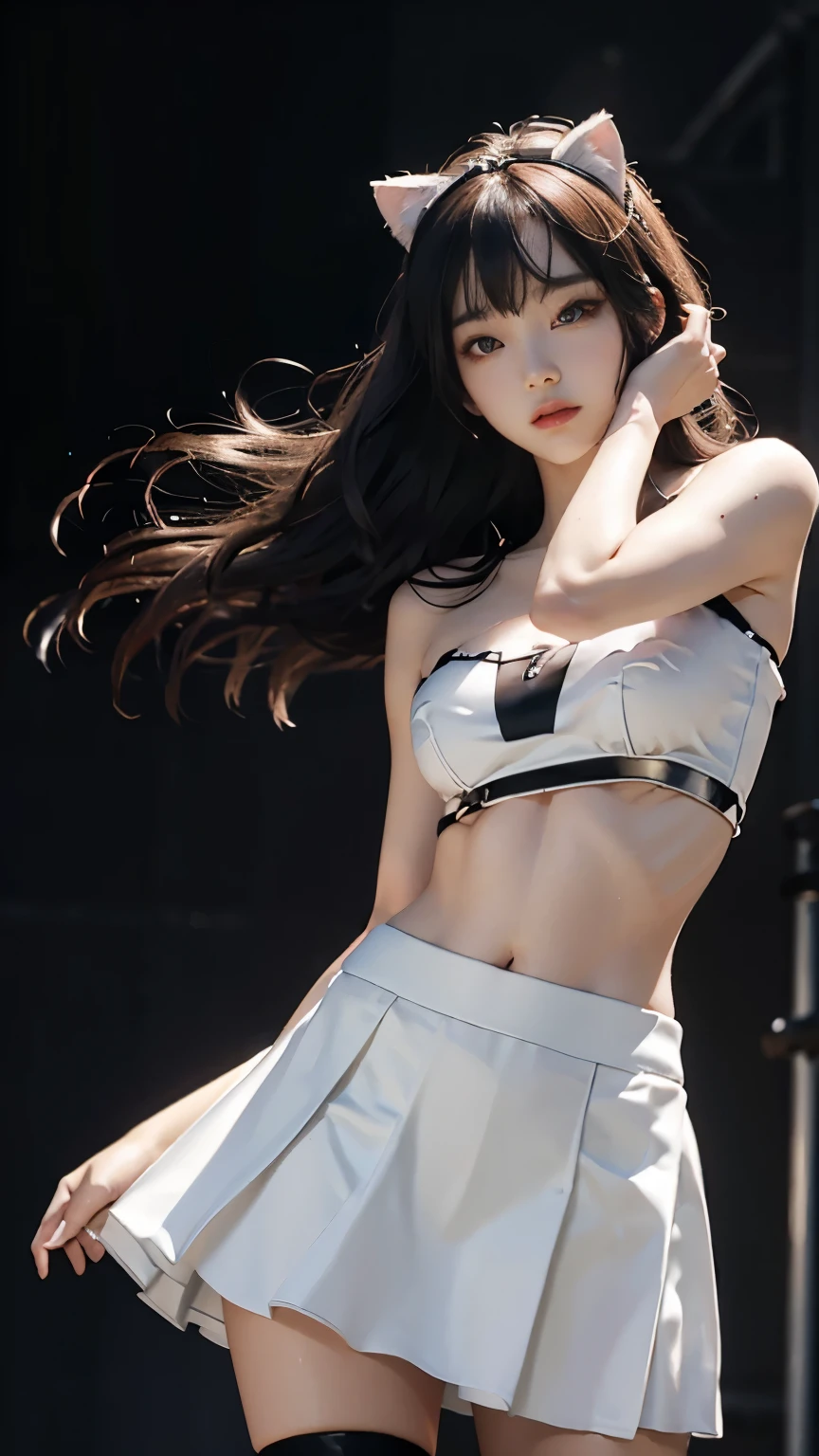 Standing, hair bang, cat ears headband, skin pores, shining skin, tube top, abs stomach, weiss, skirt, in stage, lovely, beautiful, dark theme, K-pop style