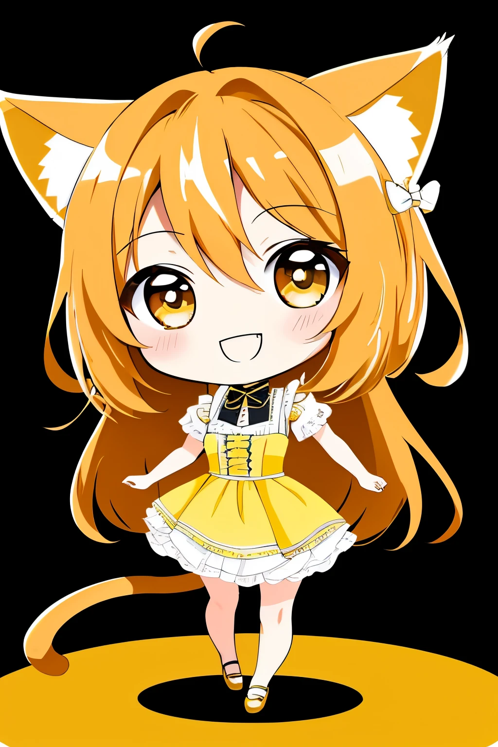 (Chibi Chibi: 1.3), Solo, full body, wearing yellow maid clothes, highly detailed face, (smile: 1.2), lively, gravure pose, beautiful detailed eyes, light brown long hair, cat ears, masterpiece, top quality, highly detailed 8k wallpaper