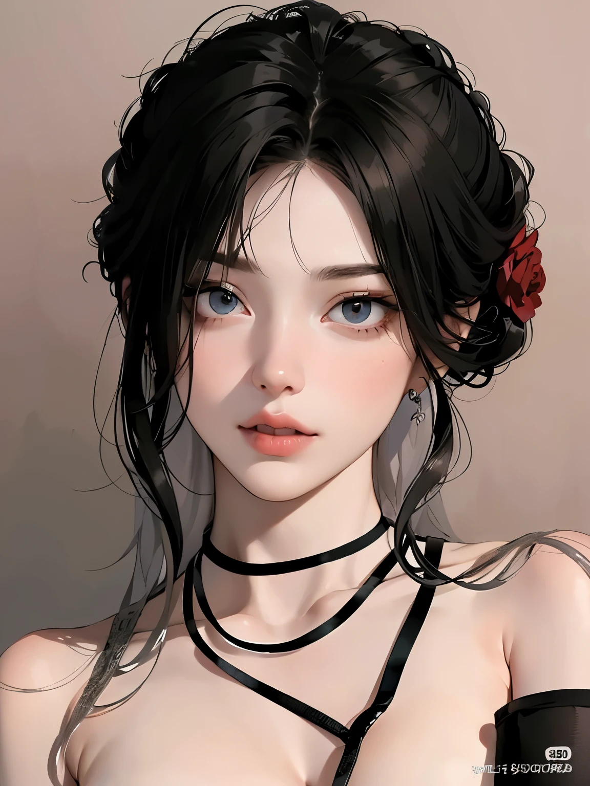 beautiful girl wearing a black dress, portrait, white background, aegyo sal, gradient lips, glass skin, rosy cheek and lips, big eyes, solo, manhwa style, pale skin, white hair, white eyes, 8k, detailed