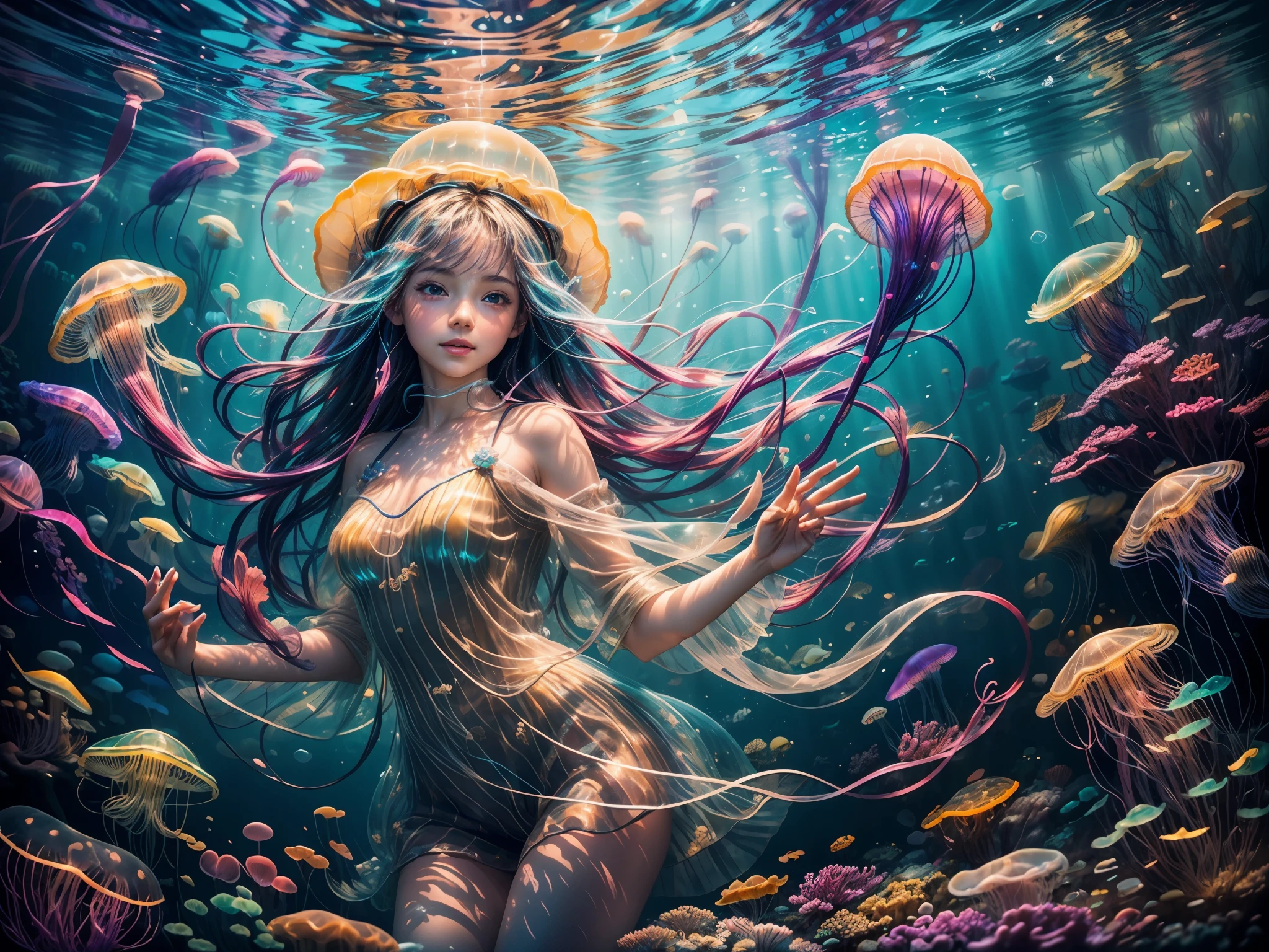 (high quality, vibrant colors),(realistic:1.37),A girl under the sea playing with rainbow jellyfishes (2girls),bright sun rays shining through the surface,sparkling sea water reflecting the sunlight,beautiful detailed eyes and lips on the girl's face,soft colorful jellyfish tentacles,translucent and glowing jellyfish bodies,clear blue water,coral reefs and colorful fish swimming in the background,dreamy and magical atmosphere,subtle waves gently moving the girl's hair,stunning underwater scenery，bubbles floating in the water,depth and dimension created by the layers of the sea,diverse and vibrant flora and fauna surrounding the girl,transparent jellyfish umbrellas hovering above the girl,peaceful and serene underwater environment,jellyfish floating in graceful and flowing movements,imagine the girl's joy and fascination with the jellyfishes,illuminated jellyfish creating a mesmerizing glow,texture and patterns on the jellyfishes' bodies,creating a sense of wonder and awe in the viewer,majestic ocean creatures enhancing the mystical feel of the scene,effortlessly gliding through the water,immersing in the beauty and tranquility of the underwater world,dancing colors reflected on the girl's face,expressive and animated jellyfish tentacles，the girl surrounded by a magical aura,subtle light rays illuminating the underwater scene,hint of coral and seashells decorating the ocean floor.