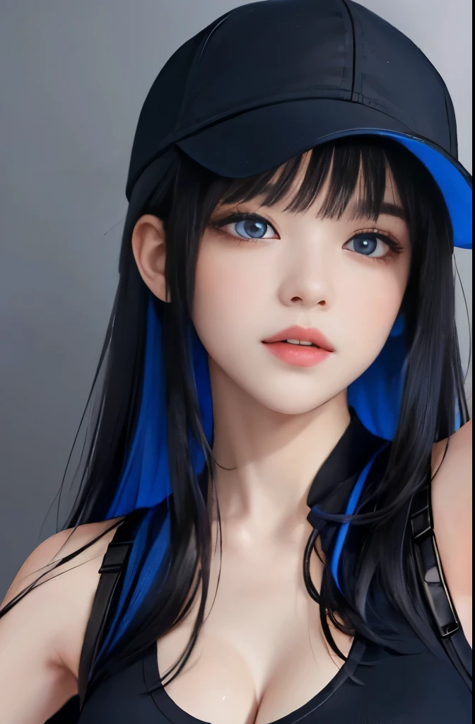 (masterpiece:1.4), (highest quality:1.4), very detailed, Complex, very detailed, (perfect face), Black cap and blue lining、black tank top、It&#39;s a bellybutton、Glossy leather pants、tight clothes、long black hair、Blue mesh and inner color hair、cool beauty、sharp eyes、beautiful double eyelids、big cleavage、