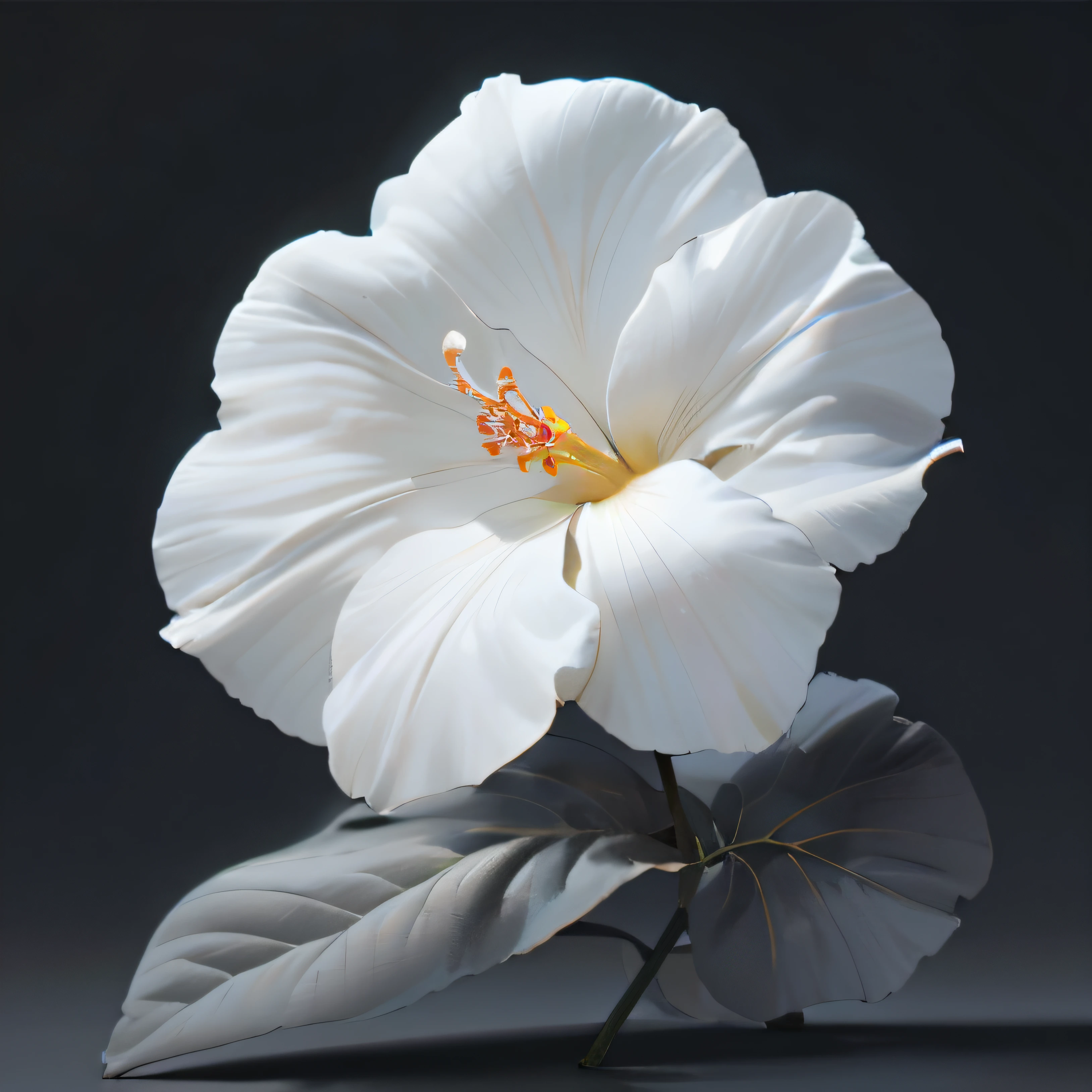 hay una flor blanca con un centro amarillo sobre un fondo negro, renderizado detallado hiperrealista, flor de rama, large exotic flowers, Render 3D hiperrealista, photorealistic illustration, Fotorrealista hiperdetallado, ultra realistic 3d illustration, photorealistic print of exotics, fotorrealista muy detallada, Hibisco, fotorrealista muy detallada, flor bonita, Hyperrealistic illustration