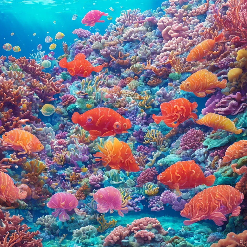 (best quality,4k,highres,masterpiece:1.2),ultra-detailed,(realistic,photorealistic,photo-realistic:1.37),a jelly fish,brightly colored,made of jelly,swimming in a soda sea,candy-themed life,shimmering scales,translucent body,delicate tentacles,sparkling eyes,lively motion,iridescent glow,sweet aroma of soda,tasty candy plants,dripping with syrup,mint-flavored corals,bubblegum rocks,magical underwater scene,playful and vibrant atmosphere,whimsical and fantastical,refracted light creating dreamlike patterns,rays of sunlight filtering through the fizzy sea,glimmering reflections on the surface,captivating and surreal journey.