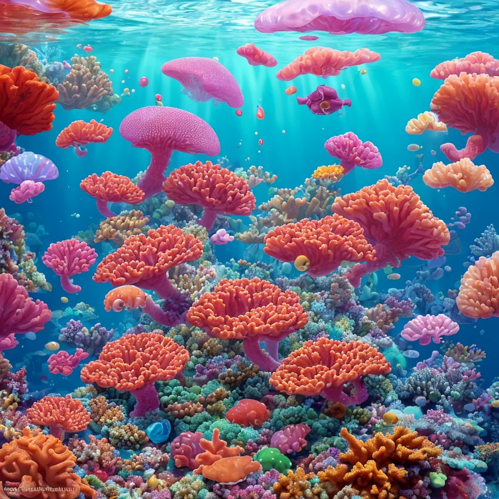 (best quality,4k,highres,masterpiece:1.2),ultra-detailed,(realistic,photorealistic,photo-realistic:1.37),a jelly fish,brightly colored,made of jelly,swimming in a soda sea,candy-themed life,shimmering scales,translucent body,delicate tentacles,sparkling eyes,lively motion,iridescent glow,sweet aroma of soda,tasty candy plants,dripping with syrup,mint-flavored corals,bubblegum rocks,magical underwater scene,playful and vibrant atmosphere,whimsical and fantastical,refracted light creating dreamlike patterns,rays of sunlight filtering through the fizzy sea,glimmering reflections on the surface,captivating and surreal journey.