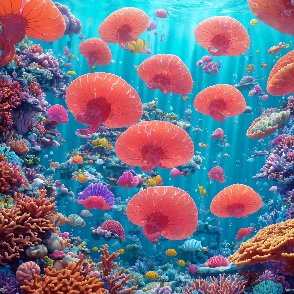 (best quality,4k,highres,masterpiece:1.2),ultra-detailed,(realistic,photorealistic,photo-realistic:1.37),a jelly fish,brightly colored,made of jelly,swimming in a soda sea,candy-themed life,shimmering scales,translucent body,delicate tentacles,sparkling eyes,lively motion,iridescent glow,sweet aroma of soda,tasty candy plants,dripping with syrup,mint-flavored corals,bubblegum rocks,magical underwater scene,playful and vibrant atmosphere,whimsical and fantastical,refracted light creating dreamlike patterns,rays of sunlight filtering through the fizzy sea,glimmering reflections on the surface,captivating and surreal journey.