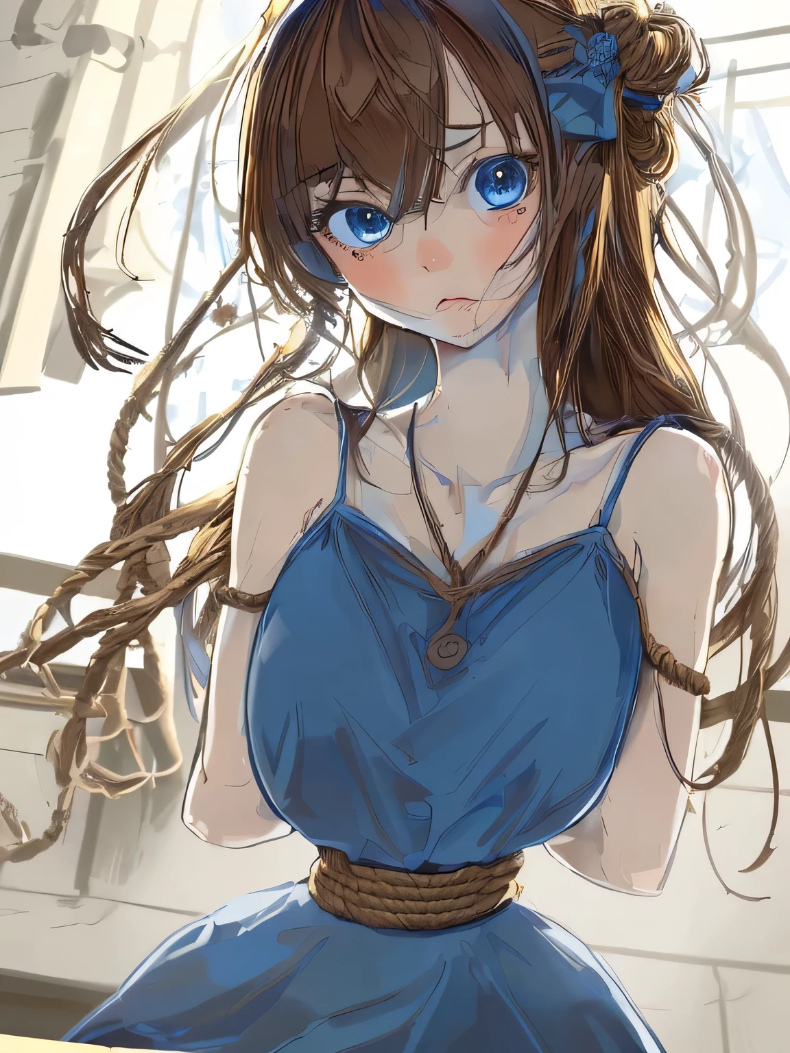 ((masterpiece)), ((highest quality)), (super detailed), torture chamber,(((Waist bound tightly with rope))),pretty girl, 1 girl, alone,sky blue tank top one piece dress,beautiful brown hair, (beautiful blue eyes), long hair, expression of agony