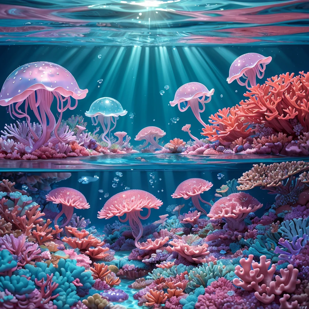 best quality,4k,highres,masterpiece:1.2),ultra-detailed,(realistic,photorealistic,photo-realistic:1.37),a jelly fish,brightly colored,made of jelly,swimming in a soda sea,candy-themed life,shimmering scales,translucent body,delicate tentacles,sparkling eyes,lively motion,iridescent glow,sweet aroma of soda,tasty candy plants,dripping with syrup,mint-flavored corals,bubblegum rocks,magical underwater scene,playful and vibrant atmosphere,whimsical and fantastical,refracted light creating dreamlike patterns,rays of sunlight filtering through the fizzy sea,glimmering reflections on the surface,captivating and surreal journey.