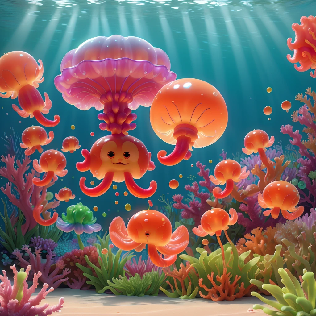 best quality,4k,highres,masterpiece:1.2),ultra-detailed,(realistic,photorealistic,photo-realistic:1.37),a jelly fish,brightly colored,made of jelly,swimming in a soda sea,candy-themed life,shimmering scales,translucent body,delicate tentacles,sparkling eyes,lively motion,iridescent glow,sweet aroma of soda,tasty candy plants,dripping with syrup,mint-flavored corals,bubblegum rocks,magical underwater scene,playful and vibrant atmosphere,whimsical and fantastical,refracted light creating dreamlike patterns,rays of sunlight filtering through the fizzy sea,glimmering reflections on the surface,captivating and surreal journey.