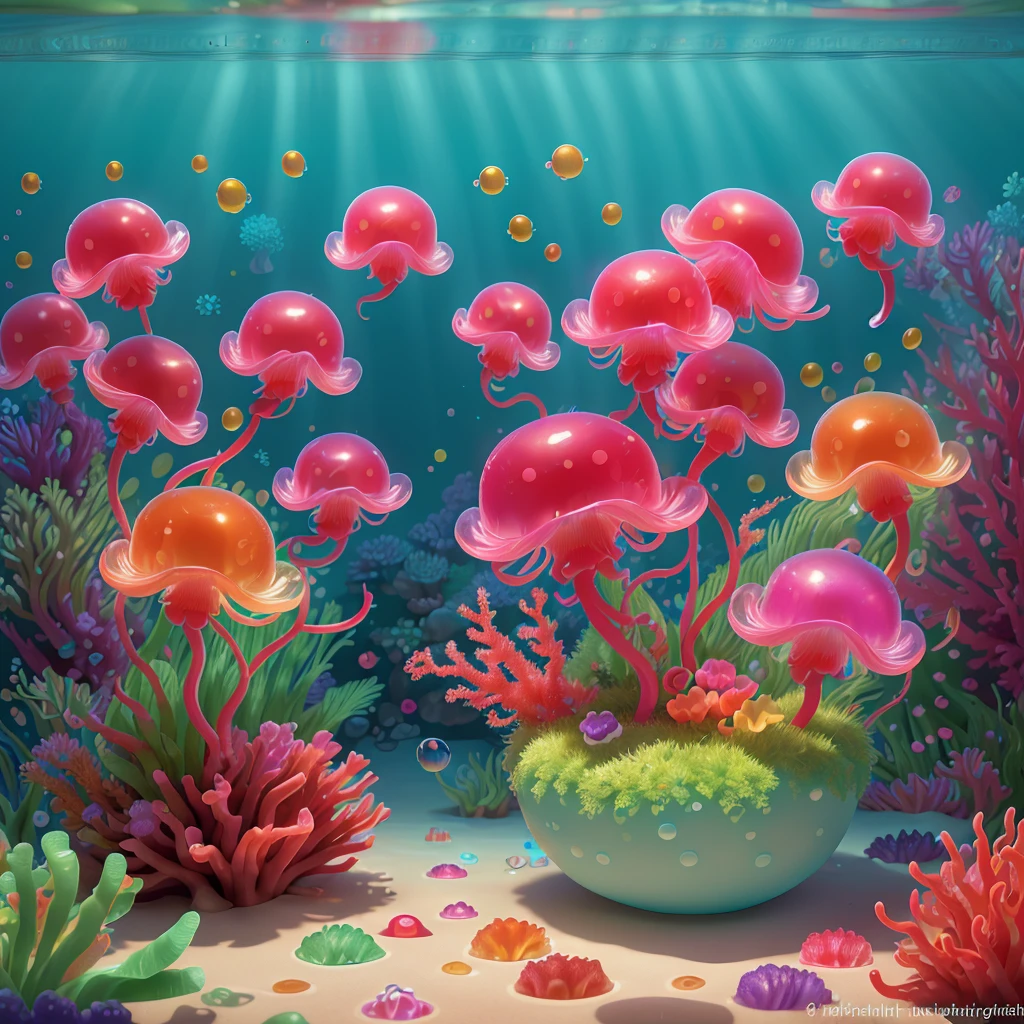 (best quality,4k,highres,masterpiece:1.2),ultra-detailed,(realistic,photorealistic,photo-realistic:1.37),a jelly fish,brightly colored,made of jelly,swimming in a soda sea,candy-themed life,shimmering scales,translucent body,delicate tentacles,sparkling eyes,lively motion,iridescent glow,sweet aroma of soda,tasty candy plants,dripping with syrup,mint-flavored corals,bubblegum rocks,magical underwater scene,playful and vibrant atmosphere,whimsical and fantastical,refracted light creating dreamlike patterns,rays of sunlight filtering through the fizzy sea,glimmering reflections on the surface,captivating and surreal journey.