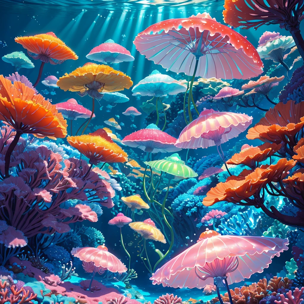 (best quality,4k,highres,masterpiece:1.2),ultra-detailed,(realistic,photorealistic,photo-realistic:1.37),a jelly fish,brightly colored,made of jelly,swimming in a soda sea,candy-themed life,shimmering scales,translucent body,delicate tentacles,sparkling eyes,lively motion,iridescent glow,sweet aroma of soda,tasty candy plants,dripping with syrup,mint-flavored corals,bubblegum rocks,magical underwater scene,playful and vibrant atmosphere,whimsical and fantastical,refracted light creating dreamlike patterns,rays of sunlight filtering through the fizzy sea,glimmering reflections on the surface,captivating and surreal journey.