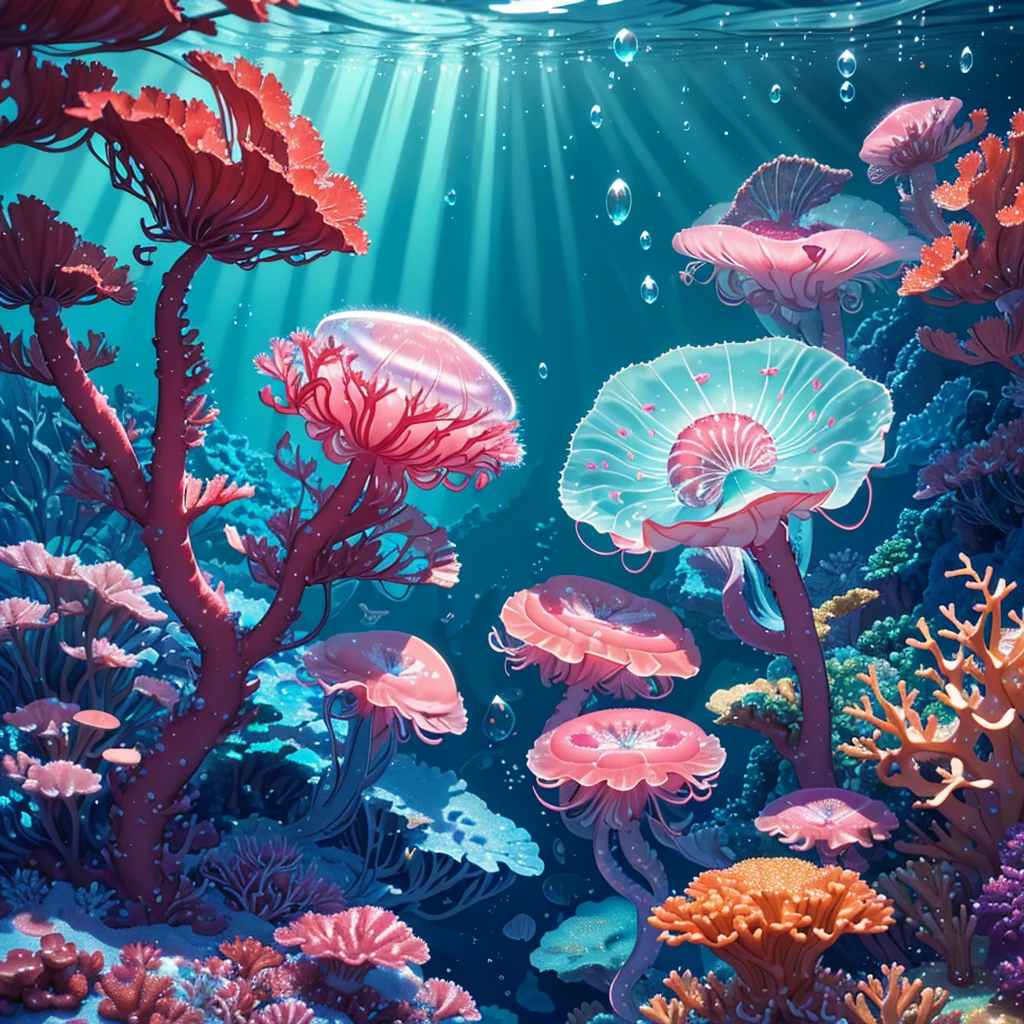 best quality,4k,highres,masterpiece:1.2),ultra-detailed,(realistic,photorealistic,photo-realistic:1.37),a jelly fish,brightly colored,made of jelly,swimming in a soda sea,candy-themed life,shimmering scales,translucent body,delicate tentacles,sparkling eyes,lively motion,iridescent glow,sweet aroma of soda,tasty candy plants,dripping with syrup,mint-flavored corals,bubblegum rocks,magical underwater scene,playful and vibrant atmosphere,whimsical and fantastical,refracted light creating dreamlike patterns,rays of sunlight filtering through the fizzy sea,glimmering reflections on the surface,captivating and surreal journey.