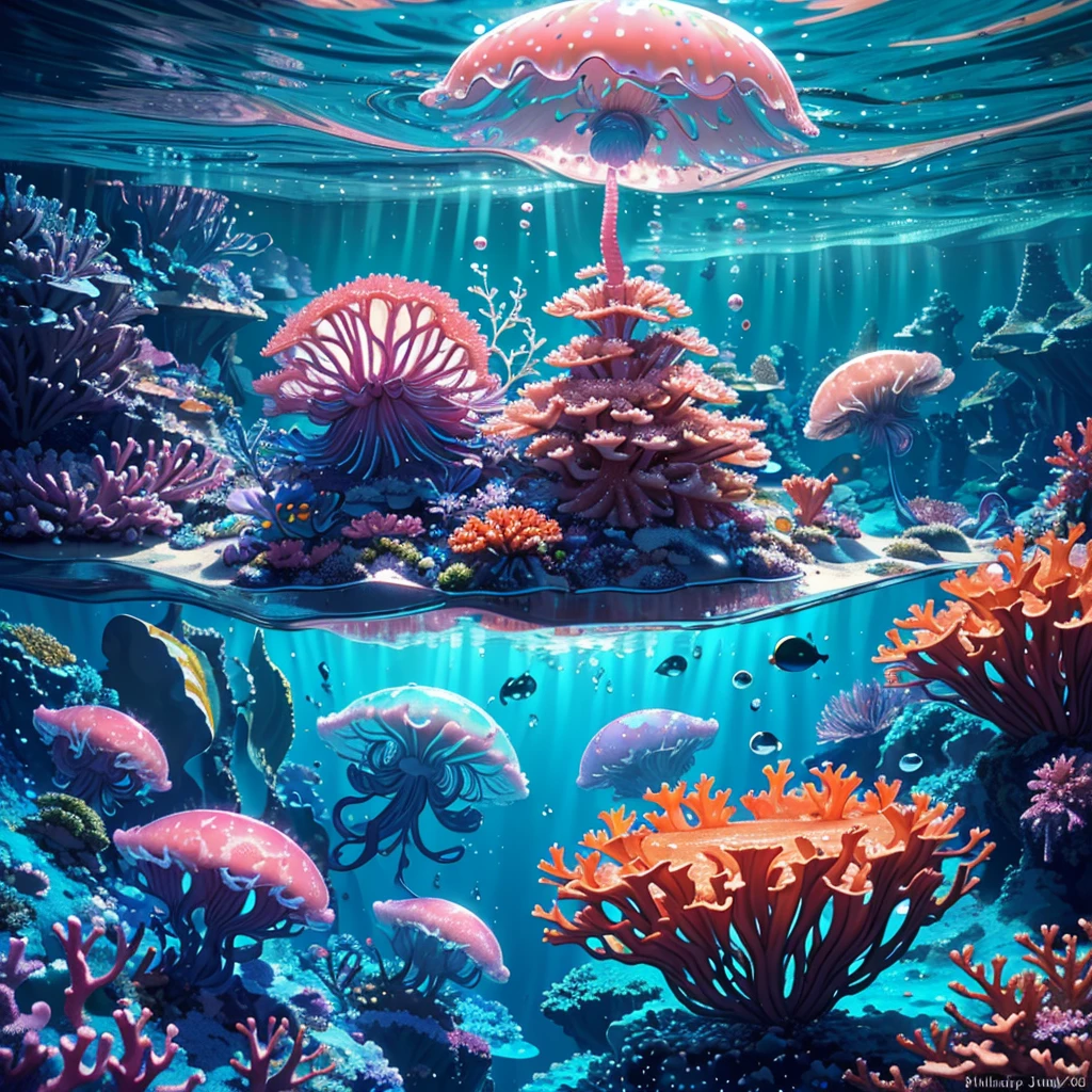 best quality,4k,highres,masterpiece:1.2),ultra-detailed,(realistic,photorealistic,photo-realistic:1.37),a jelly fish,brightly colored,made of jelly,swimming in a soda sea,candy-themed life,shimmering scales,translucent body,delicate tentacles,sparkling eyes,lively motion,iridescent glow,sweet aroma of soda,tasty candy plants,dripping with syrup,mint-flavored corals,bubblegum rocks,magical underwater scene,playful and vibrant atmosphere,whimsical and fantastical,refracted light creating dreamlike patterns,rays of sunlight filtering through the fizzy sea,glimmering reflections on the surface,captivating and surreal journey.