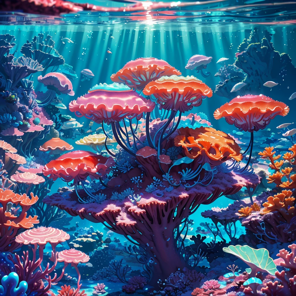 (best quality,4k,highres,masterpiece:1.2),ultra-detailed,(realistic,photorealistic,photo-realistic:1.37),a jelly fish,brightly colored,made of jelly,swimming in a soda sea,candy-themed life,shimmering scales,translucent body,delicate tentacles,sparkling eyes,lively motion,iridescent glow,sweet aroma of soda,tasty candy plants,dripping with syrup,mint-flavored corals,bubblegum rocks,magical underwater scene,playful and vibrant atmosphere,whimsical and fantastical,refracted light creating dreamlike patterns,rays of sunlight filtering through the fizzy sea,glimmering reflections on the surface,captivating and surreal journey.