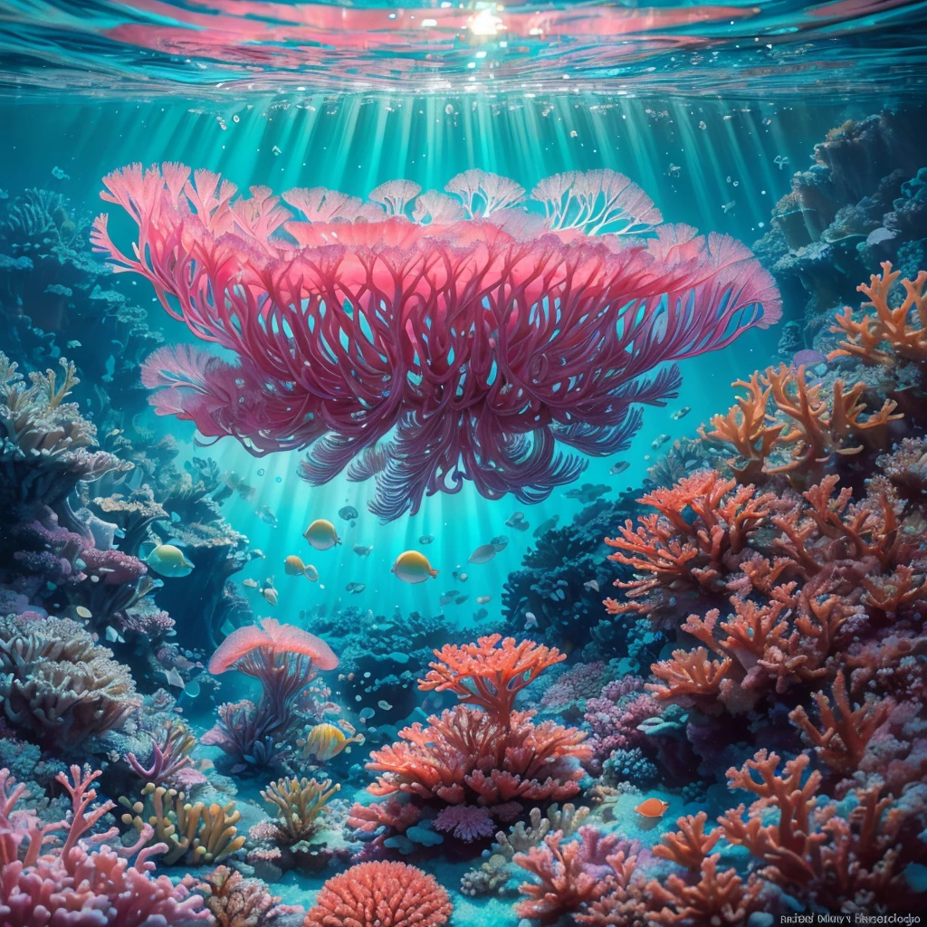 (best quality,4k,highres,masterpiece:1.2),ultra-detailed,(realistic,photorealistic,photo-realistic:1.37),a jelly fish,brightly colored,made of jelly,swimming in a soda sea,candy-themed life,shimmering scales,translucent body,delicate tentacles,sparkling eyes,lively motion,iridescent glow,sweet aroma of soda,tasty candy plants,dripping with syrup,mint-flavored corals,bubblegum rocks,magical underwater scene,playful and vibrant atmosphere,whimsical and fantastical,refracted light creating dreamlike patterns,rays of sunlight filtering through the fizzy sea,glimmering reflections on the surface,captivating and surreal journey.