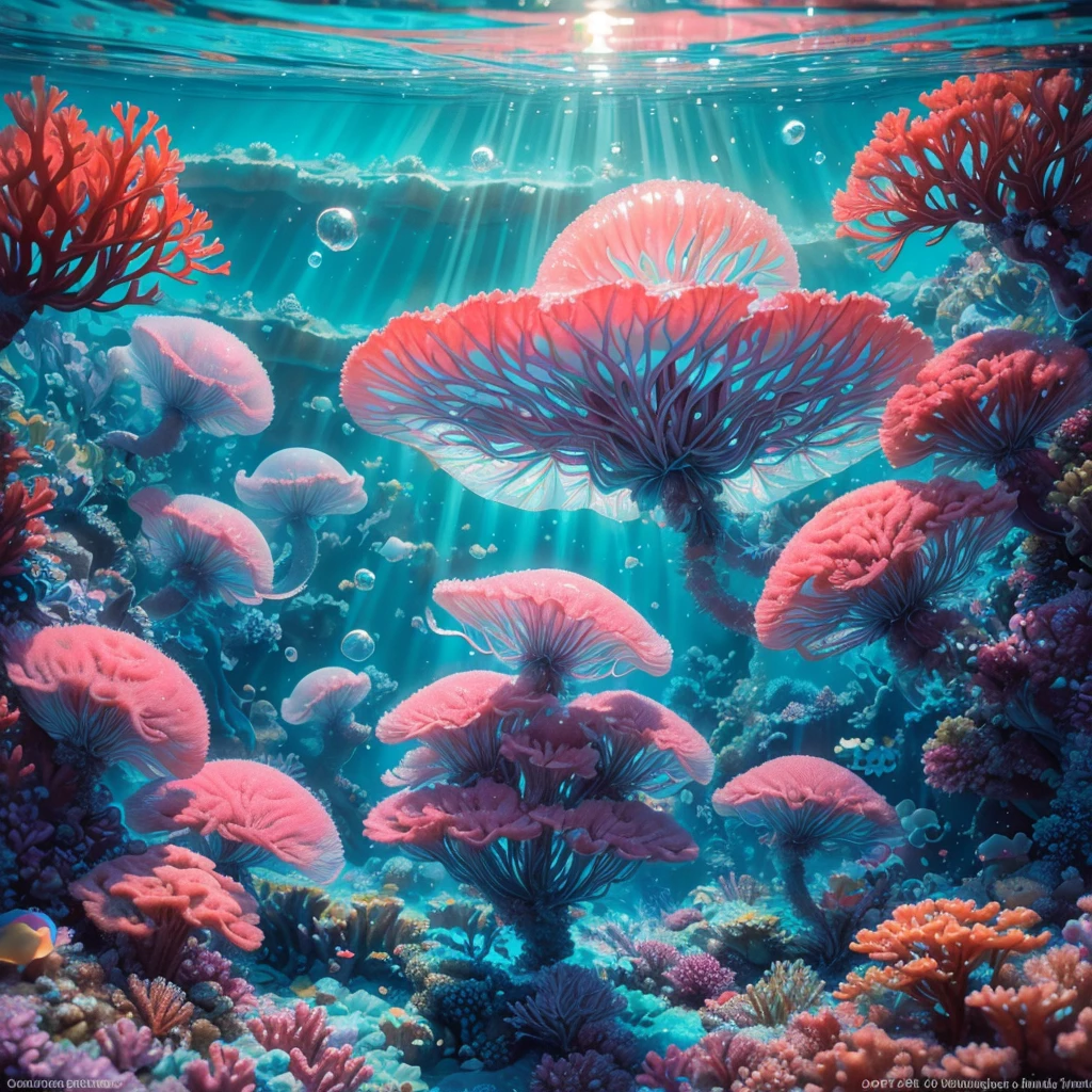 best quality,4k,highres,masterpiece:1.2),ultra-detailed,(realistic,photorealistic,photo-realistic:1.37),a jelly fish,brightly colored,made of jelly,swimming in a soda sea,candy-themed life,shimmering scales,translucent body,delicate tentacles,sparkling eyes,lively motion,iridescent glow,sweet aroma of soda,tasty candy plants,dripping with syrup,mint-flavored corals,bubblegum rocks,magical underwater scene,playful and vibrant atmosphere,whimsical and fantastical,refracted light creating dreamlike patterns,rays of sunlight filtering through the fizzy sea,glimmering reflections on the surface,captivating and surreal journey.